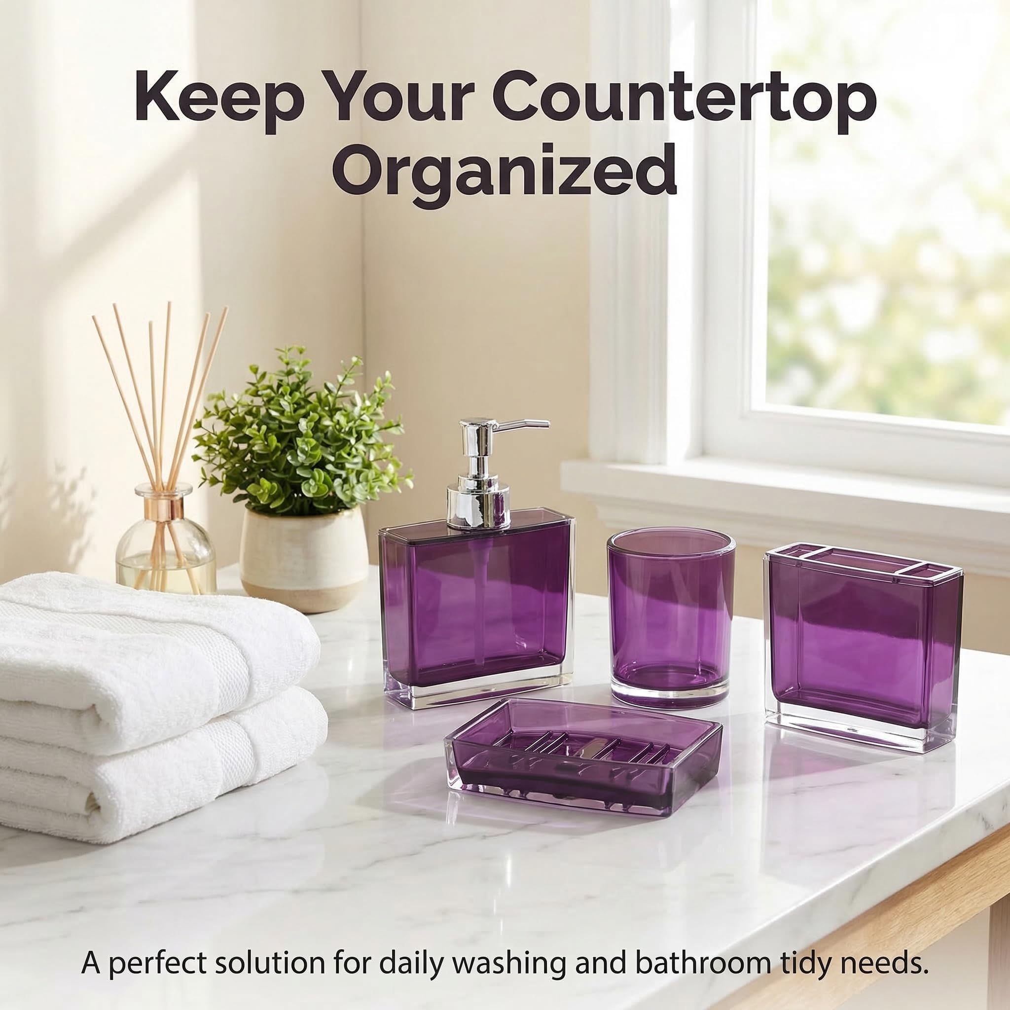 Juego de accesorios de baño, juego de 4 accesorios de baño acrílicos con dispensador de jabón, jabonera, soporte para cepillo de dientes, vaso, decoración moderna de accesorios de baño, regalo para el