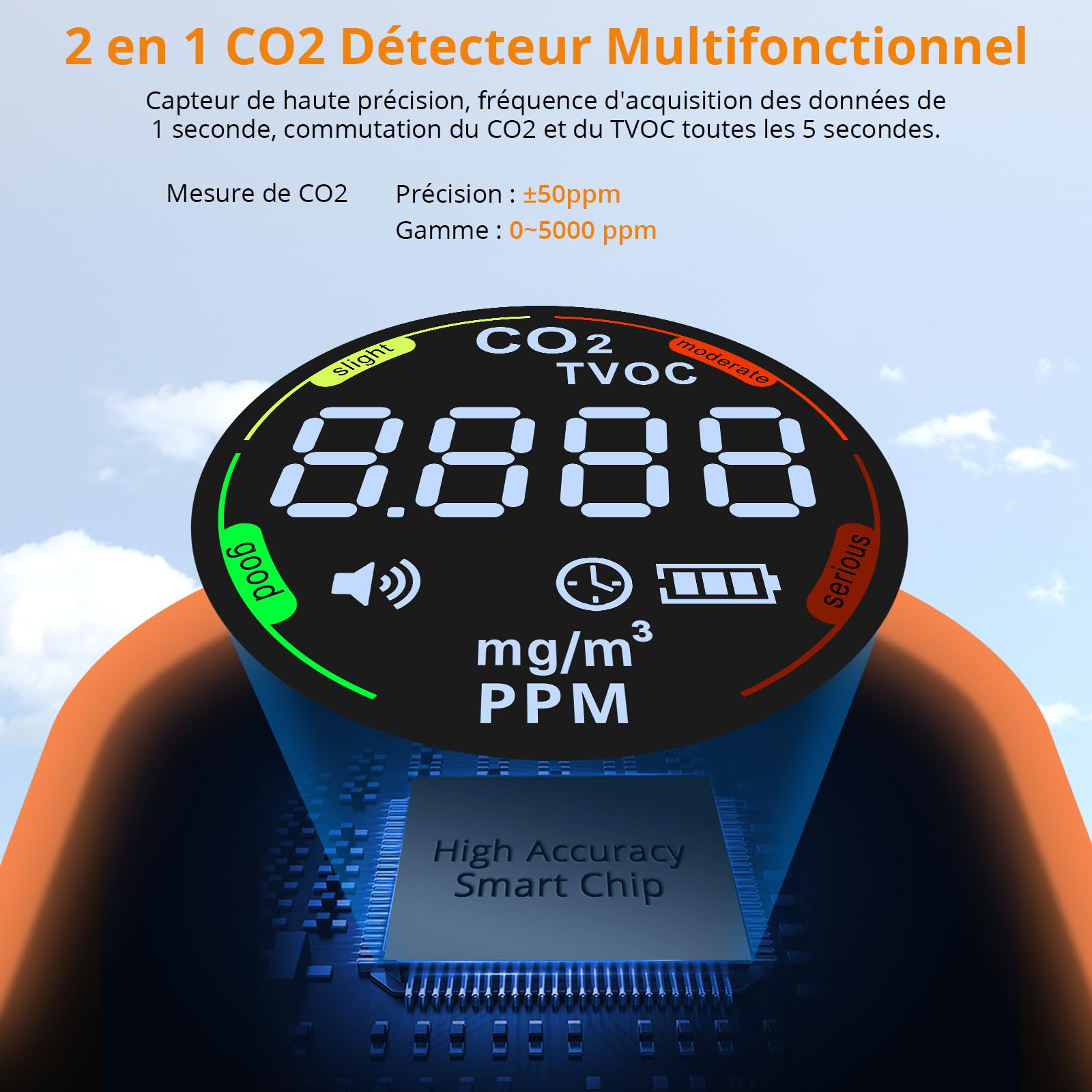 Neoteck Mini Détecteur de CO2 TVOC Portable Rechargeable 1s Rafraîchissement Moniteur de Qualité de l'Air Dioxyde de Carbone Alarme Sonore 700mAh Batterie pour Camping Aventure Maison Hôtel Voiture