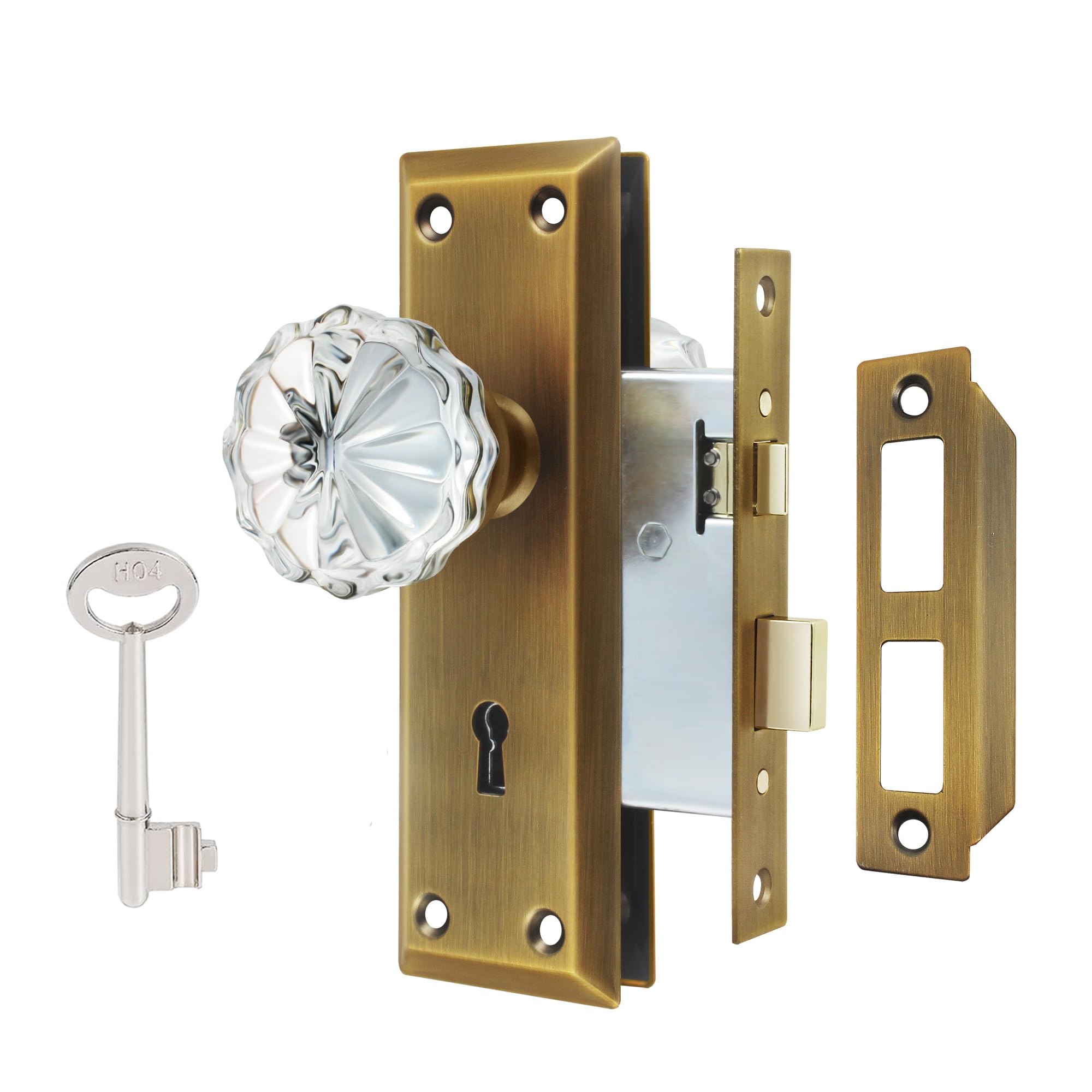 Mortise Lock Set Interior Door, Crystal Glass Door Knobs with Lock and Skeleton Key, Old Door Knob Replacement, Vintage Antique Door Handle, Antique Brass Finish