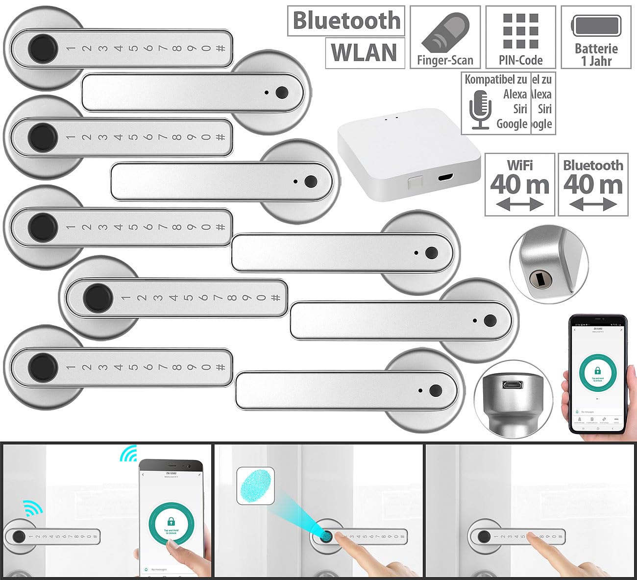 VisorTech ferramenta porte: 5-set Serrature di sicurezza per porte, TSZ-800.V2, argento, Scanner per impronte digitali, inserimento PIN (apriporta esterno con impronta digitale)