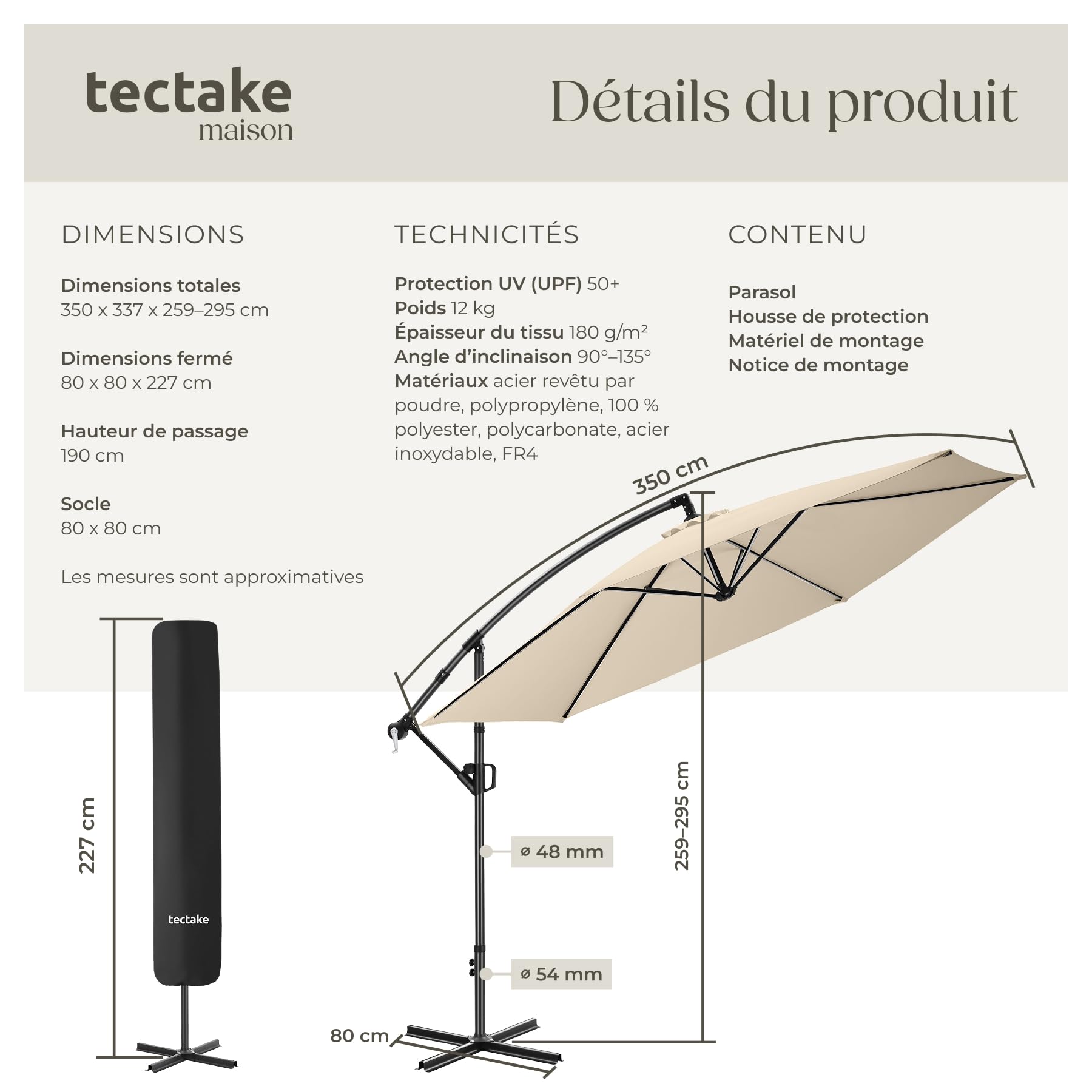 tectake® Parasol déporté à pied, 3,5 x 3,5 m, Pivotant à 360°, Inclinable de 90° à 135°, Protection UV 50+, Double-toit, Parasol de jardin exterieur, Terrasse, Balcon, Piscine, Divers Coloris