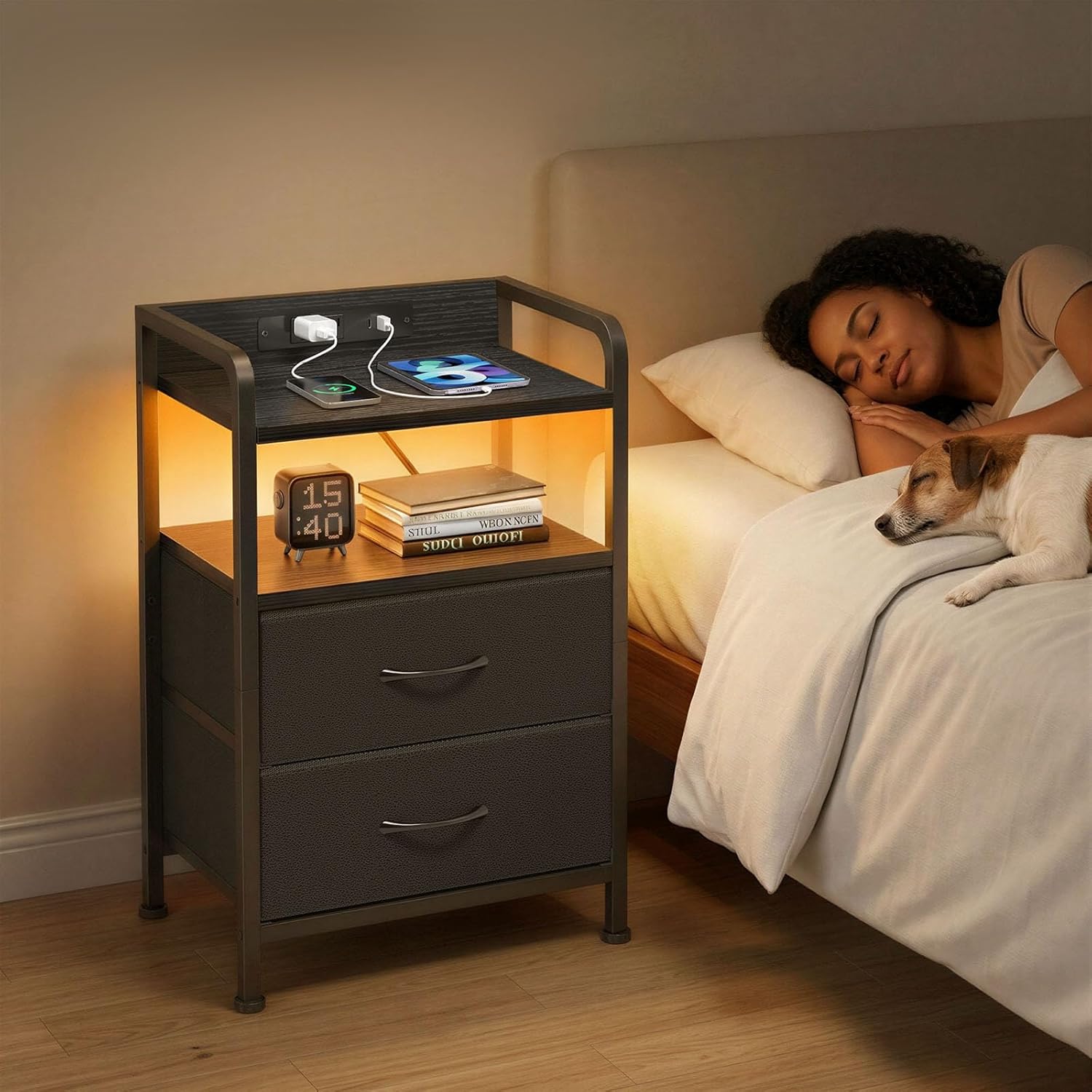 Fixwal Night Stand for Men Bedroom with 2 Fabric Storage Drawers and Shelves, Nightstand with Charging Station & LED Lights, Black