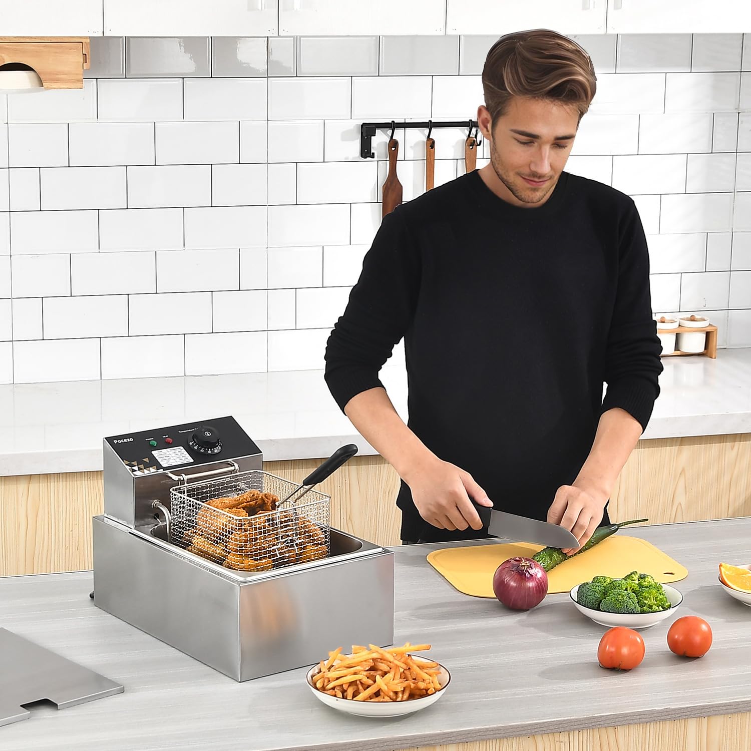 Electric Deep Fryer 10L/10.5QT Stainless Steel Single Tank Commercial Fryer with Basket, 1700W 110V Countertop Deep Fryer for Home Kitchen and Restaurant Use with Oil Thermometer & Temperature Control