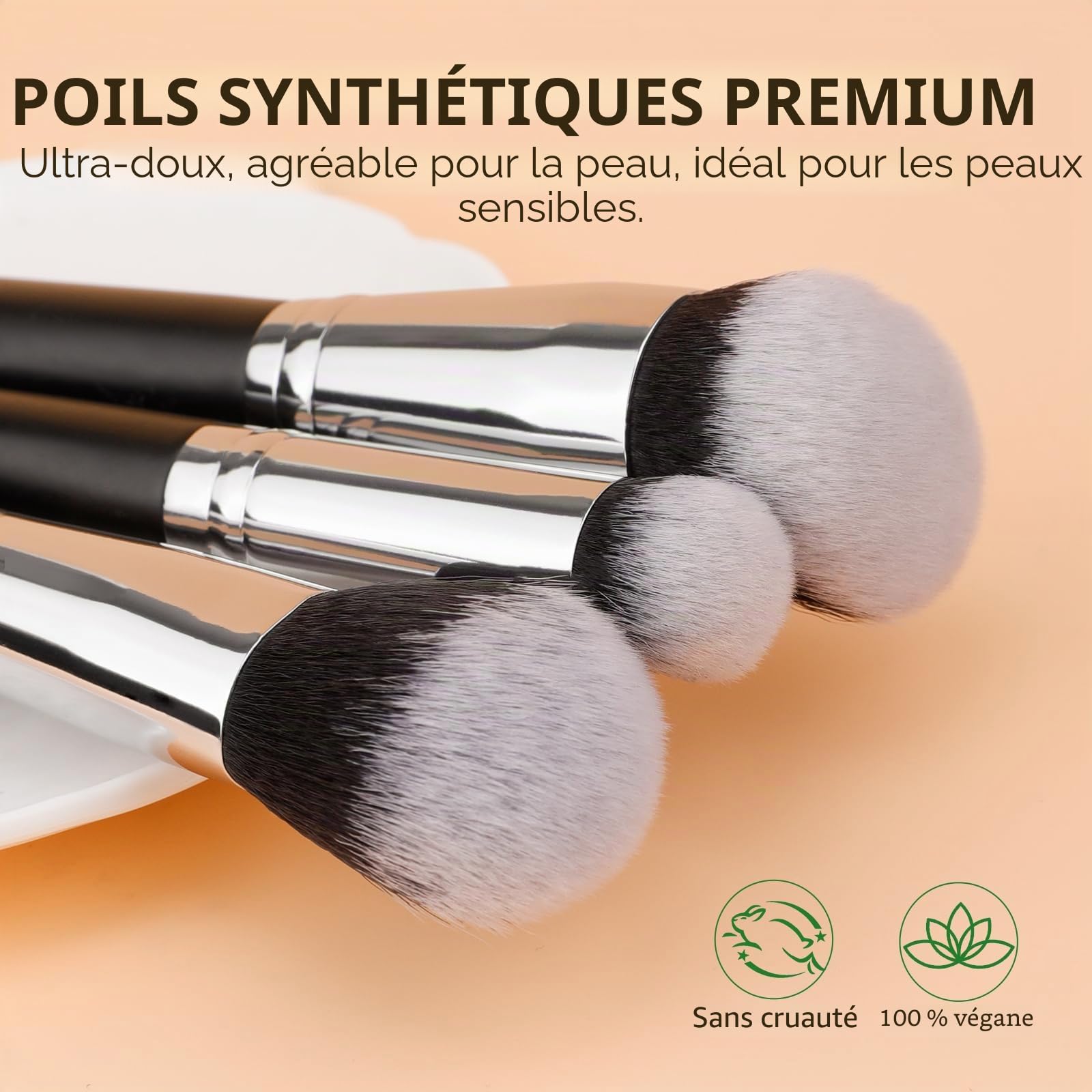 DUcare Lot de 3 pinceaux de maquillage pour le visage - Fond de teint, correcteur, blush - Poils doux et denses - Pour estomper la crème liquide, le polissage, l'anti-cernes