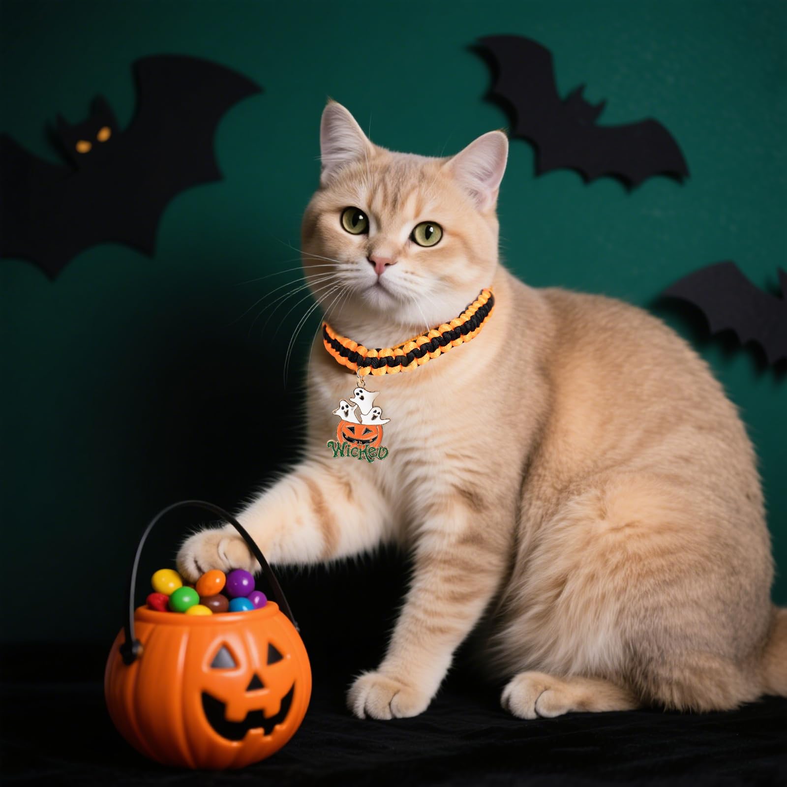3pcs Halloween Cat Collar Adjustable 15-38cm, Woven Kitten Collars with Bell & Halloween Charms (Bat, Pumpkin, Ghost) - Image 3