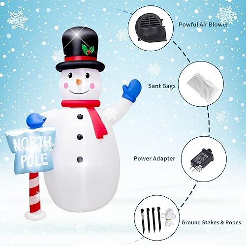 Miniatura 5 de Muñeco de nieve inflable de Navidad de 2.4 m con letrero del Polo Norte, luces LED, decoración gigante de muñecos de nieve blancos de Navidad y