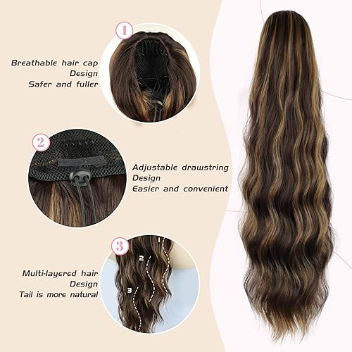 Miniatura 7 de FREEMEIGE Extensión de cola de caballo con cordón para mujer, extensión de cola de caballo larga ondulada con reflejos, extensiones de cabello