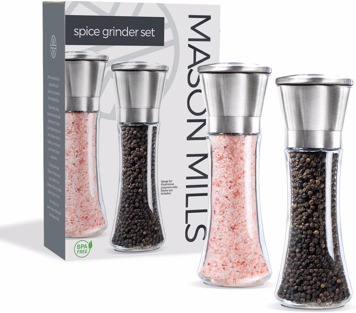 Stainless Steel Salt and Pepper Grinder Set - Two Piece Set - Glass and Stainless Steel Mill - Large Capacity Shakers - Top Loading Design By Mason Mills