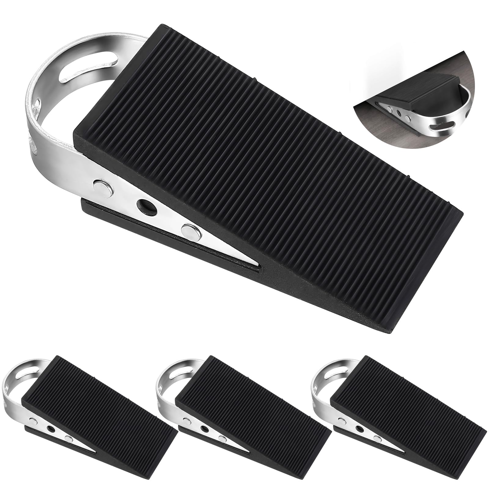 4 Pcs Rubber Door Wedges Indoors Rubber Door Stoppers for Floor Door Stops Anti-Skid Heavy Duty Doorstops Wedge Holders with Stainless Steel Handle