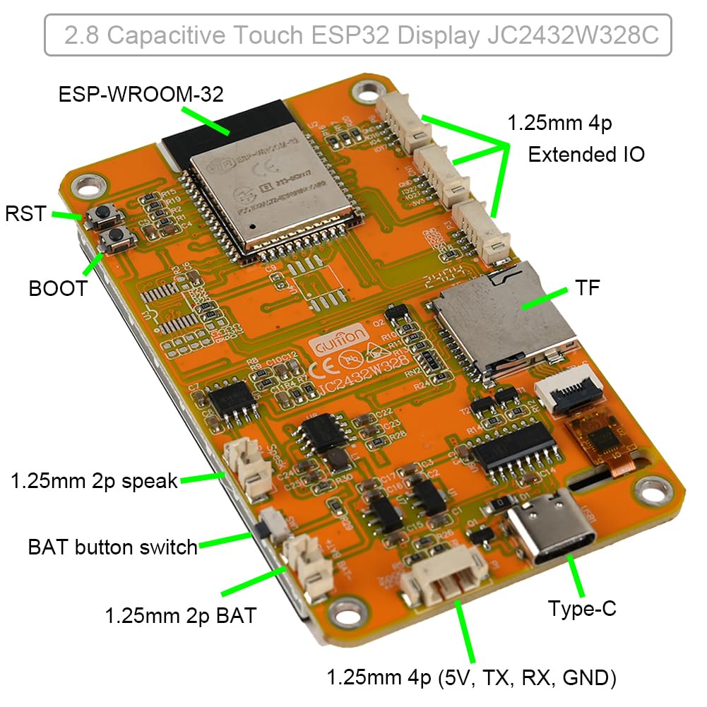Detailed view of the back of the JC2432W328C ESP32 Display module, showing components like ESP-WROOM-32, TF card slot, Type-C port, and various 1.25mm connectors for extended I/O, speaker, and battery.