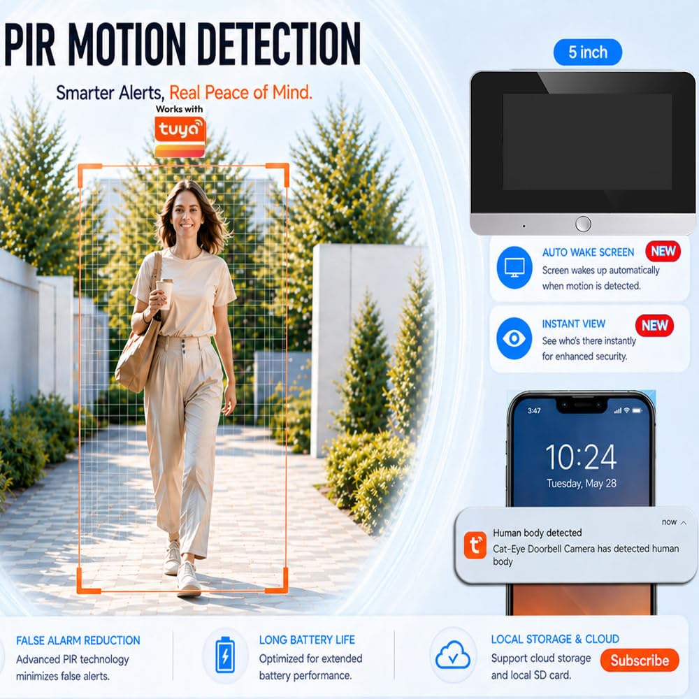 6DG3 - Spioncino per porta, Wi-Fi, 2K, con scheda di memoria da 32 GB, 10.000 mAh, schermo a colori da 5,0 pollici, rilevamento di movimento PIR, audio monouso, grandangolo di 140°, senza