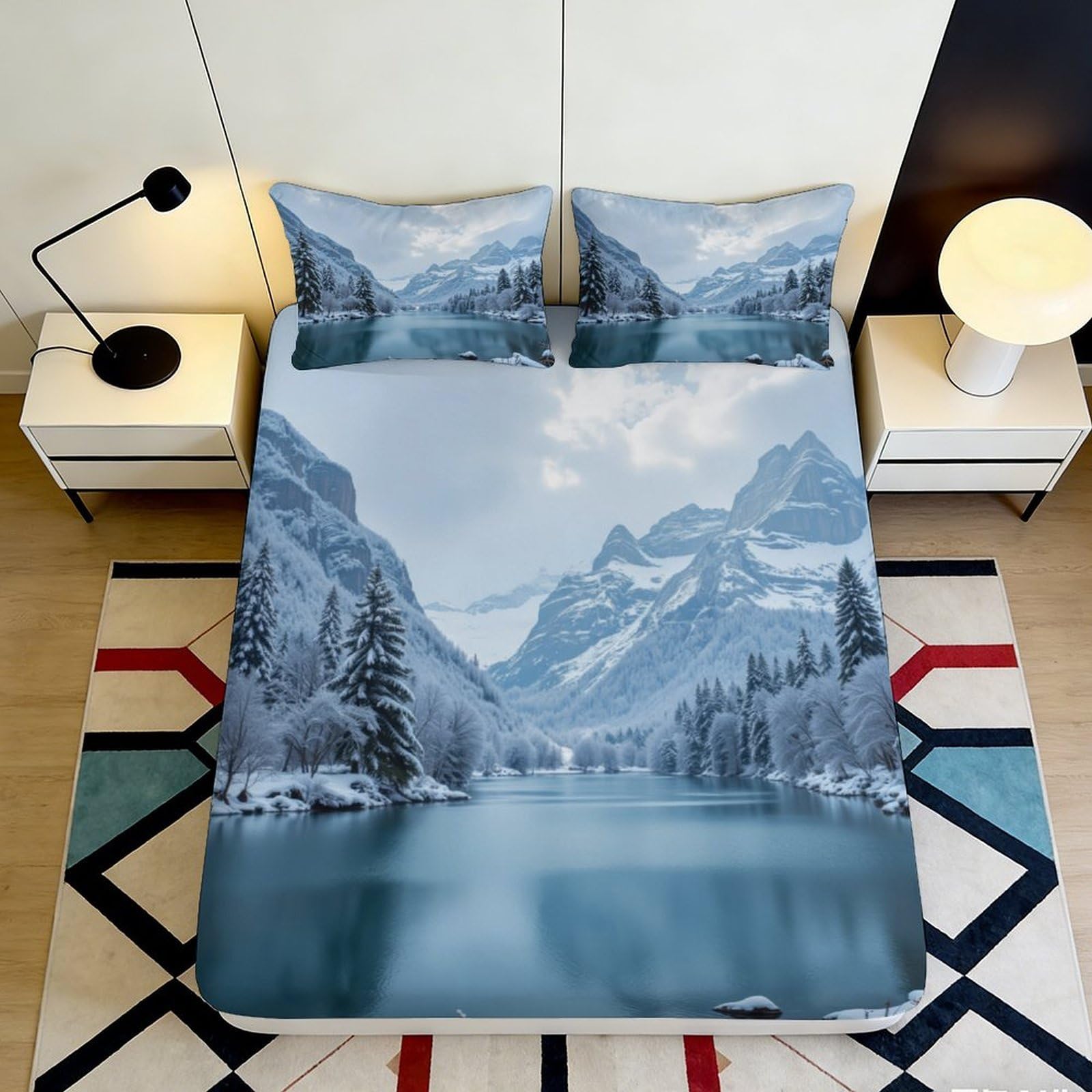 3D Printed Snowy Mountain Lake Fitted Sheet Microfiber Soft Anti-Slip Mattress Cover Scenic Blue for Bedroom Guest Room 180x200x25cm
