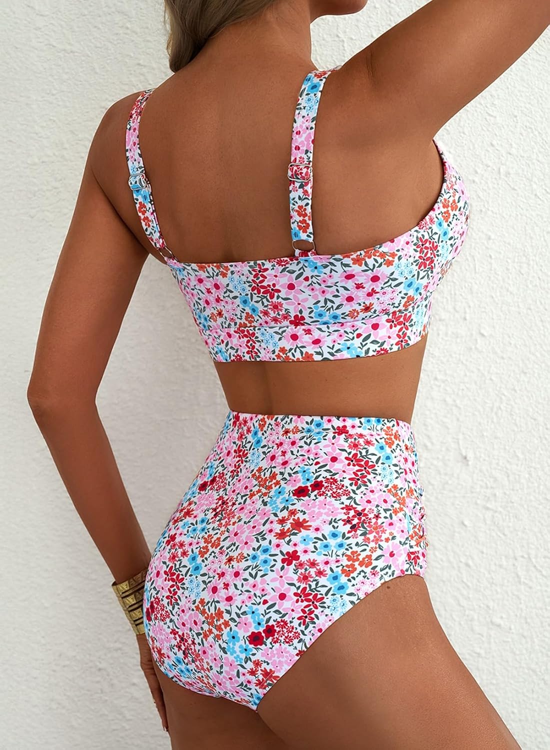 Herseas Women's High Waisted Bikini Sets - Floral Print 2 Piece Swimsuits Tummy Control Modest O Ring Bathing Suit - Image 2