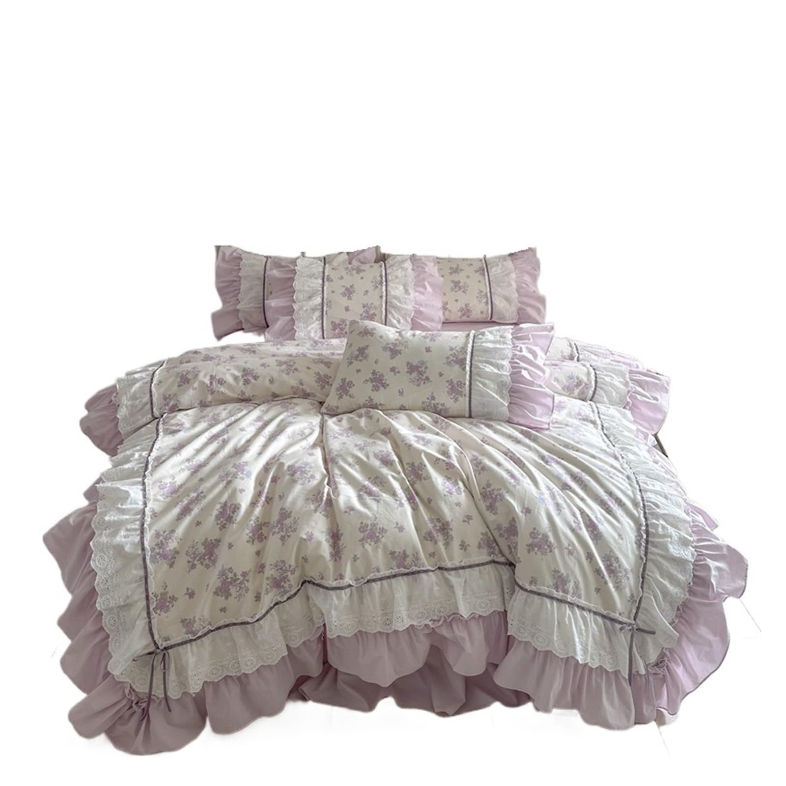 GCYEIDMA Ruffle Duvet Cover Floral Double Layer Lace Ruffles Cotton Bedding Set Duvet Cover Bed Sheet/Bed Skirt/Fitted Sheet Pillowcases 4Pcs(Color 2,King 220X240cm 4pcs)