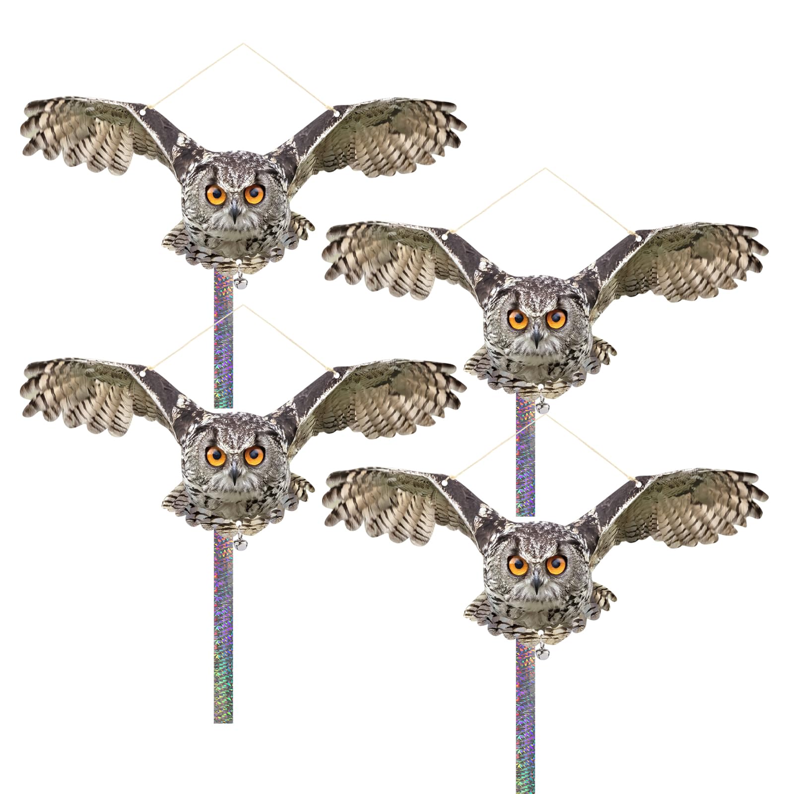 Homo Trends 4PCS Pigeon Deterrent Bird Scarers for Gardens Hawk Bird Scarer Fake Owl Decoy to Scare Birds Away Flat Hanging Plastic Owls to Keep Birds Away from Porch Windows Tree Roofs Patio