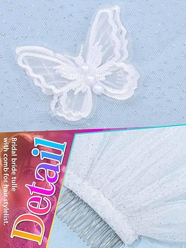 Miniatura 3 de HEREAD Velo de novia corto con mariposas longitud de los dedos brillantes velos de tul de novia accesorios para el cabello con peine