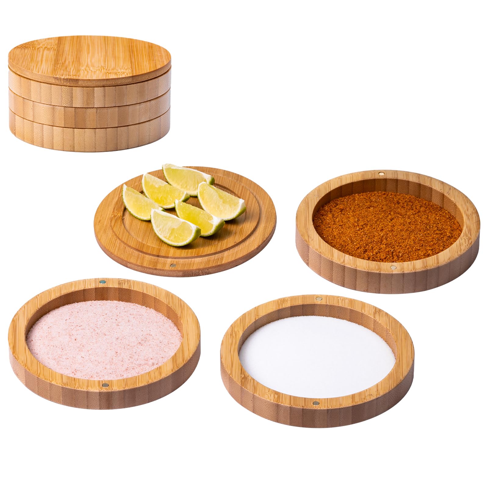USEEKRIL 1 Pcs 3-Tier Bamboo Margarita Salt Rimmer Set,Salt&Sugar Rimmer for Cocktails Drinks,Cocktail Glass Rimmer Tools with Magnetic Swivel Lid for Bartenders,Home Bar,Parties