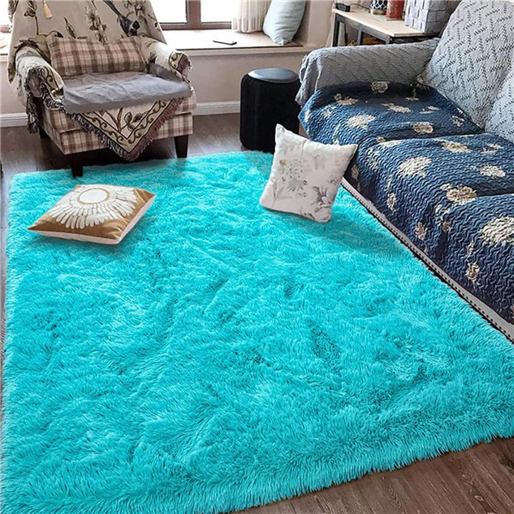 Tapis de chambre moderne doux grand tapis à poils longs bleu 60x120