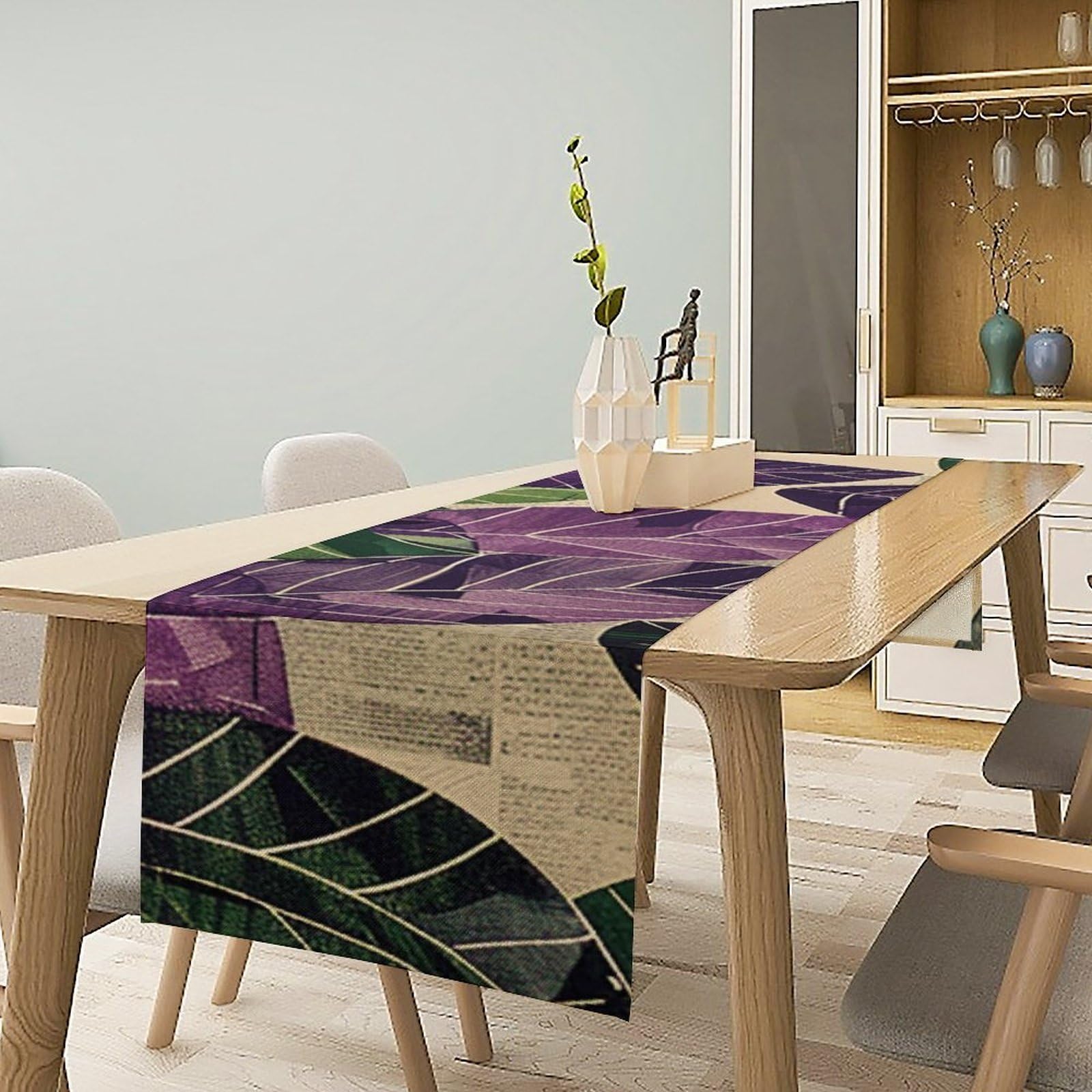 Green and Purple Leaves Table Runner 13x72 Inch Linens Burlap Table Runner with Tassels Boho Farmhouse Table Runner for Kitchen Home Christmas Halloween Party Table Decor Tablecloth