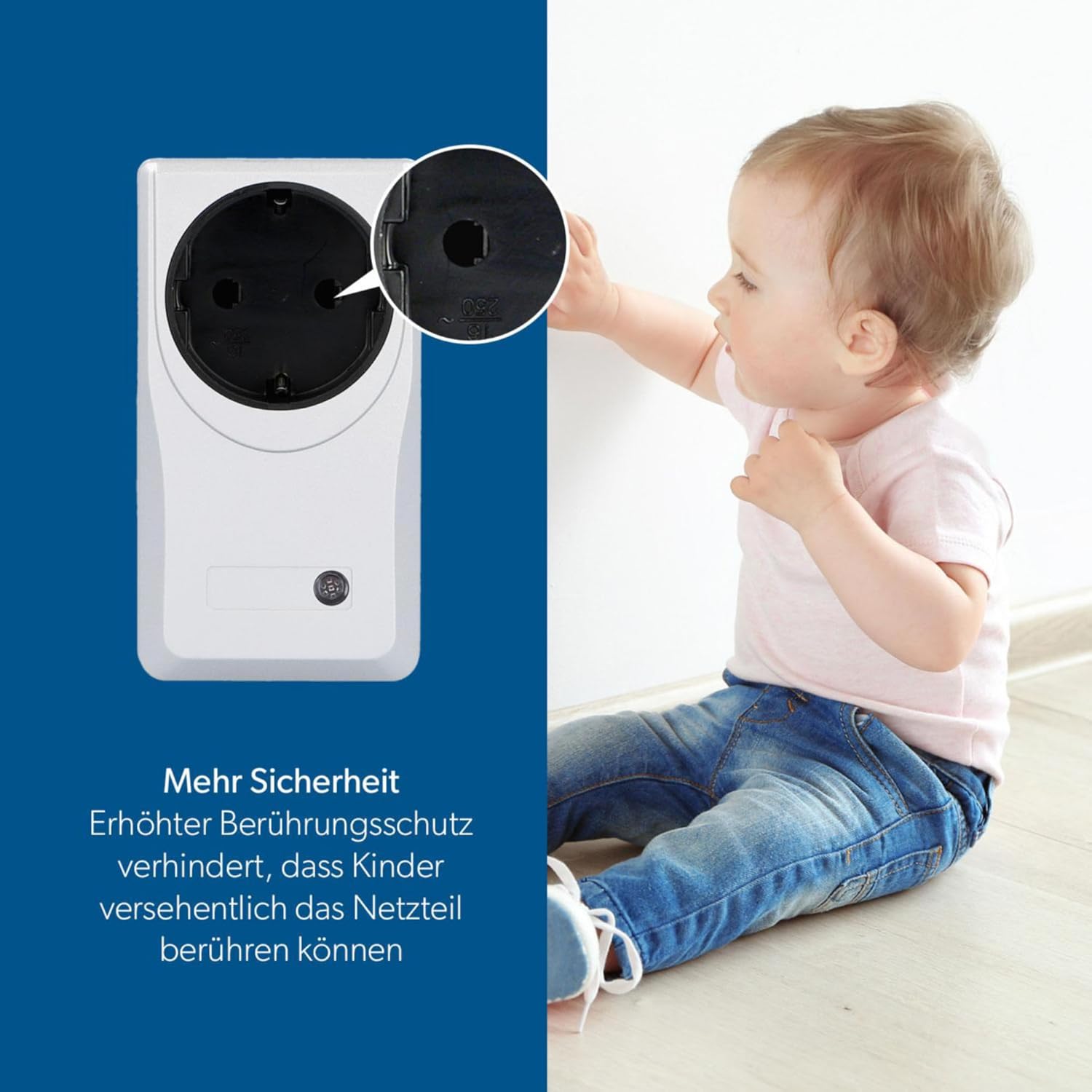 Close-up of a remote control outlet's socket with an inset showing the enhanced touch protection mechanism, next to a child sitting on the floor.