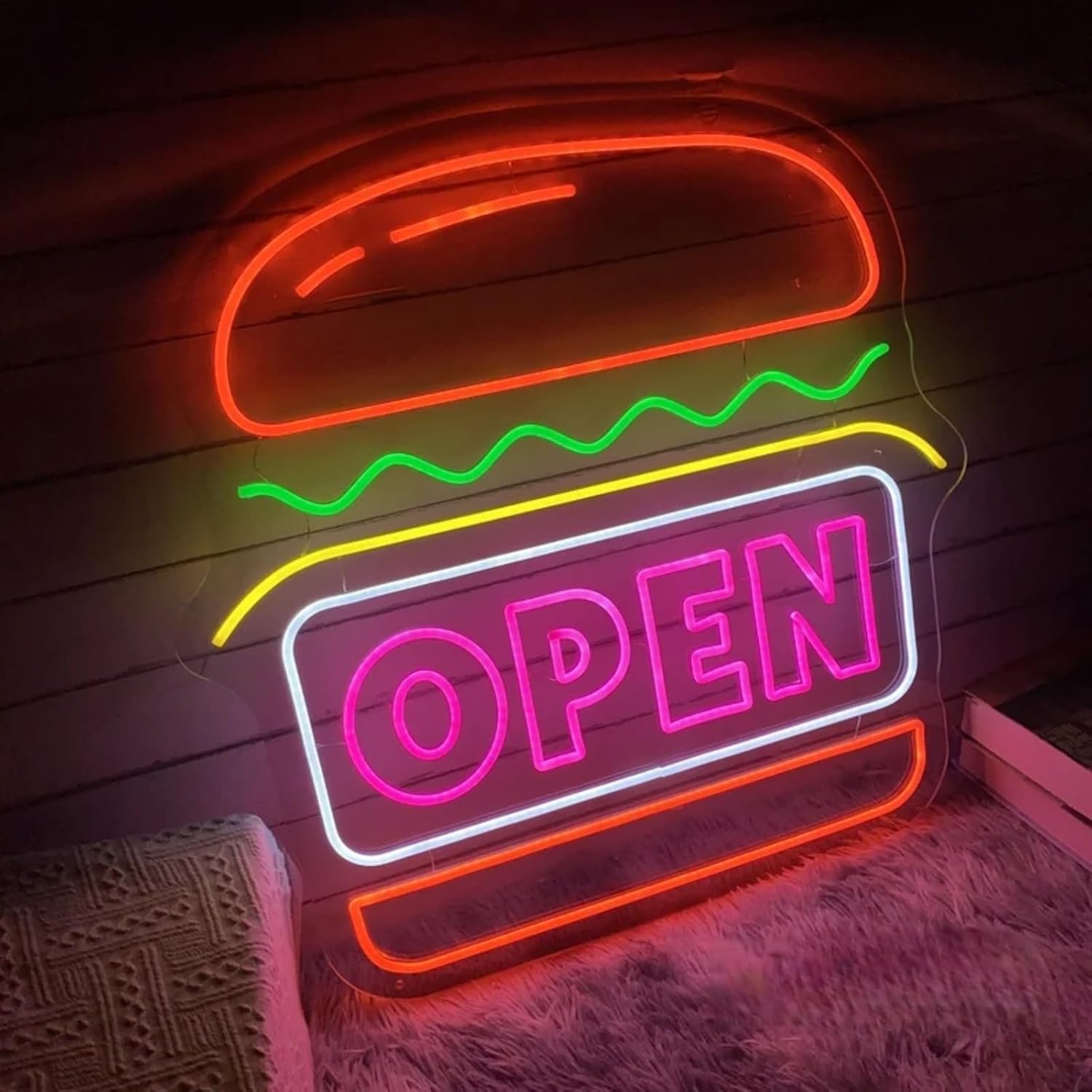 Burger Open Neon Sign Custom Hamburger LED Neon Light Up Sign Home Wall Decor Fast Food Coffee Shop Restaurant Bar Decoration Welcome Sign, Restaurant Shop Unique Business Fast Food Shop