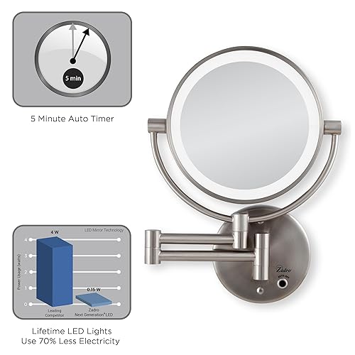 Miniatura 3 de Zadro Espejo de maquillaje de doble cara con iluminación LED 5X1X de aumento de pared para baño níquel satinado