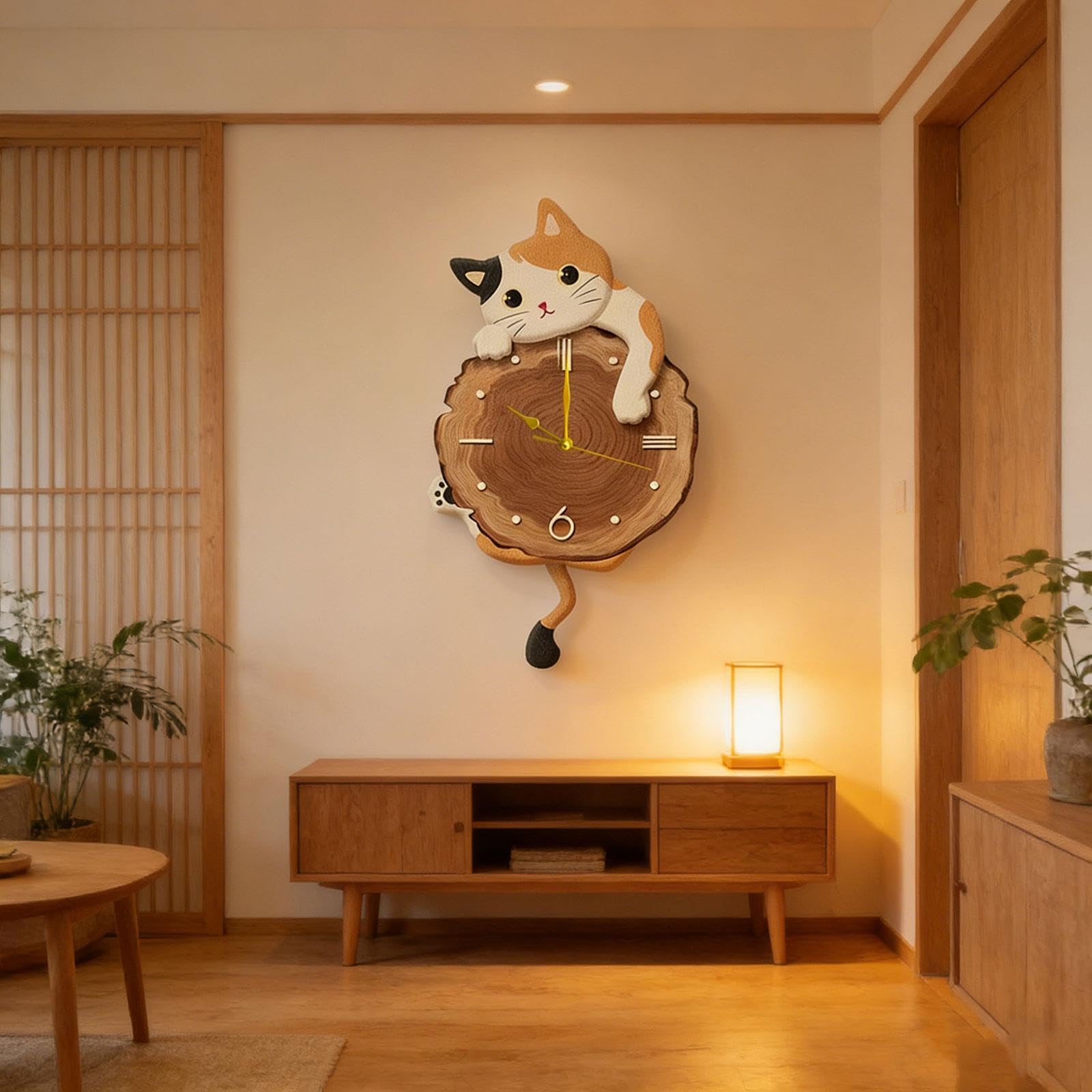 Amazon.co.jp: Qialexicon 猫の壁掛け時計、尻尾が揺れる振り子付き