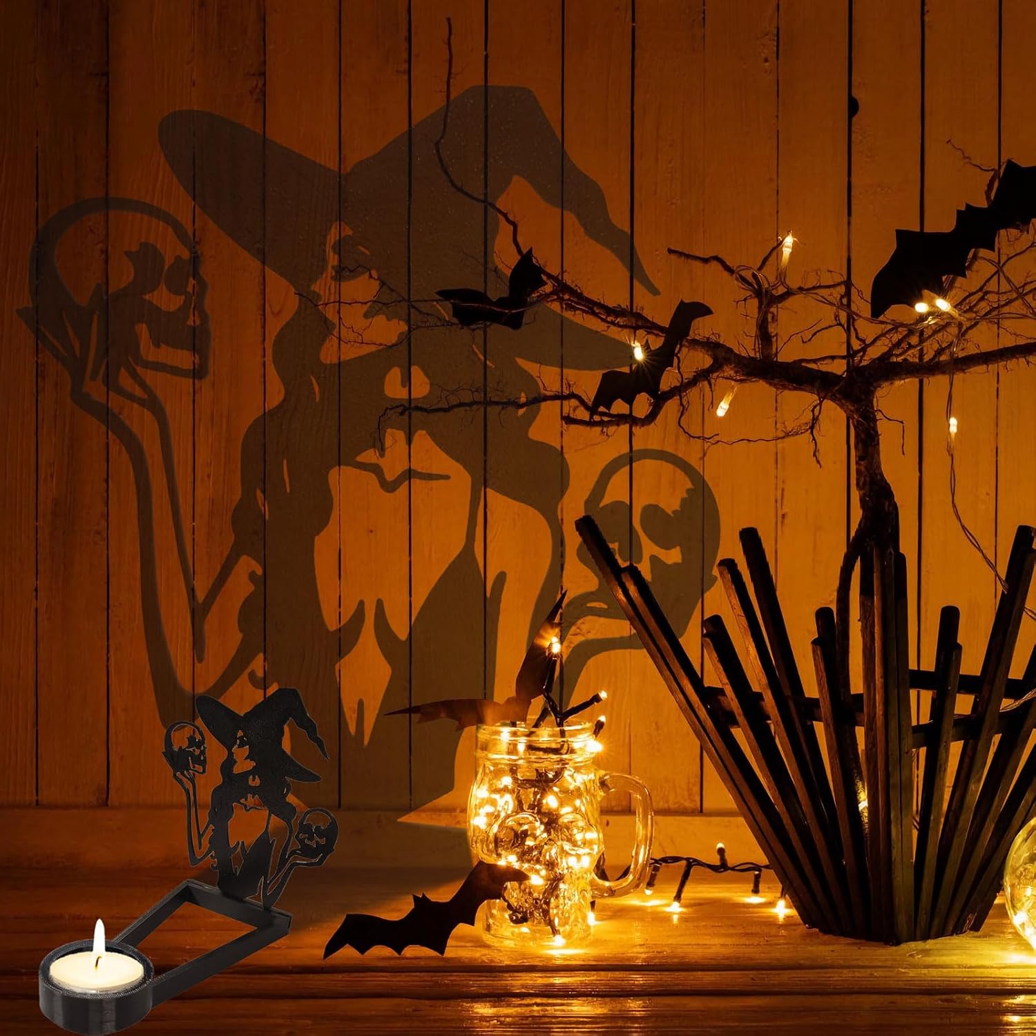 Halloween Witch Shadow Candles Holder,Funny Halloween Shadow Candlestick Decorations,Vintage Tea Light Scary Decorations for Home Party Indoor,Skull Witch,1 Piece