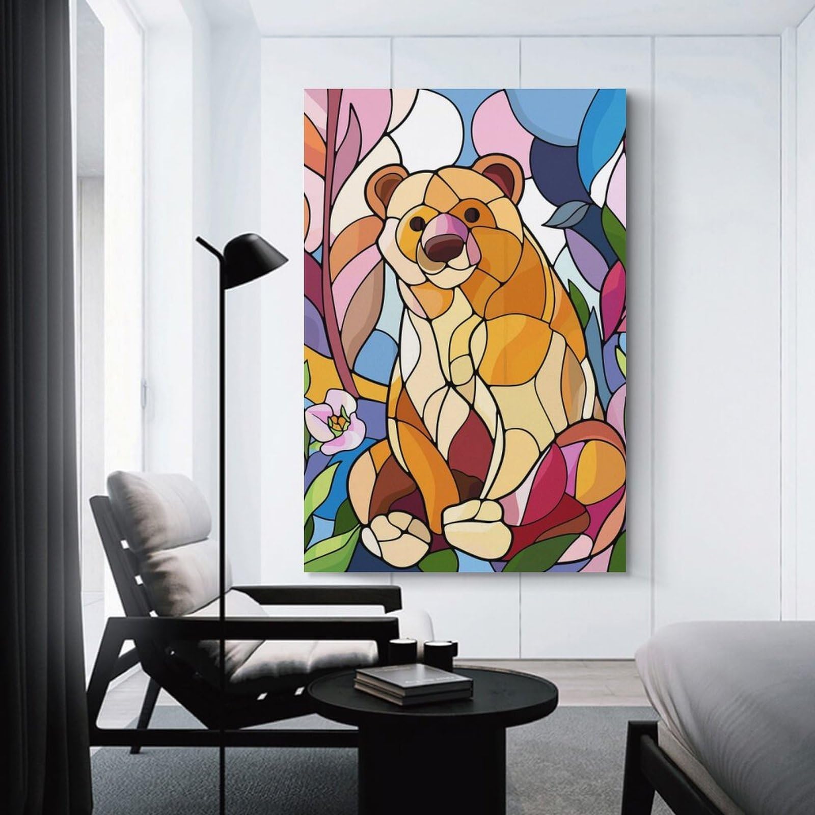 Junmoney Stained Glass Bear with Flowers Canvas Wall Decor 24x36inch(60x90cm), for Home Lounge, Bedroom Or Reading Nook, A Home Accent with Warm Character