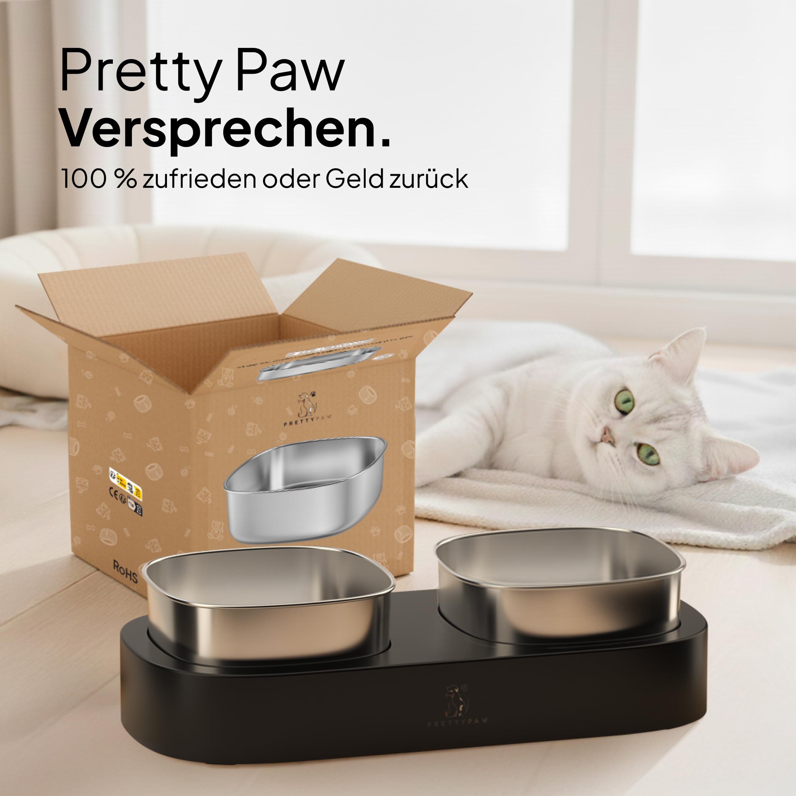 Pretty Paw Erhöhter Katzennapf – Doppel-Futternapf mit Rutschfester Plattform & Edelstahl-Schalen für ergonomisches Fressen (Schwarz)