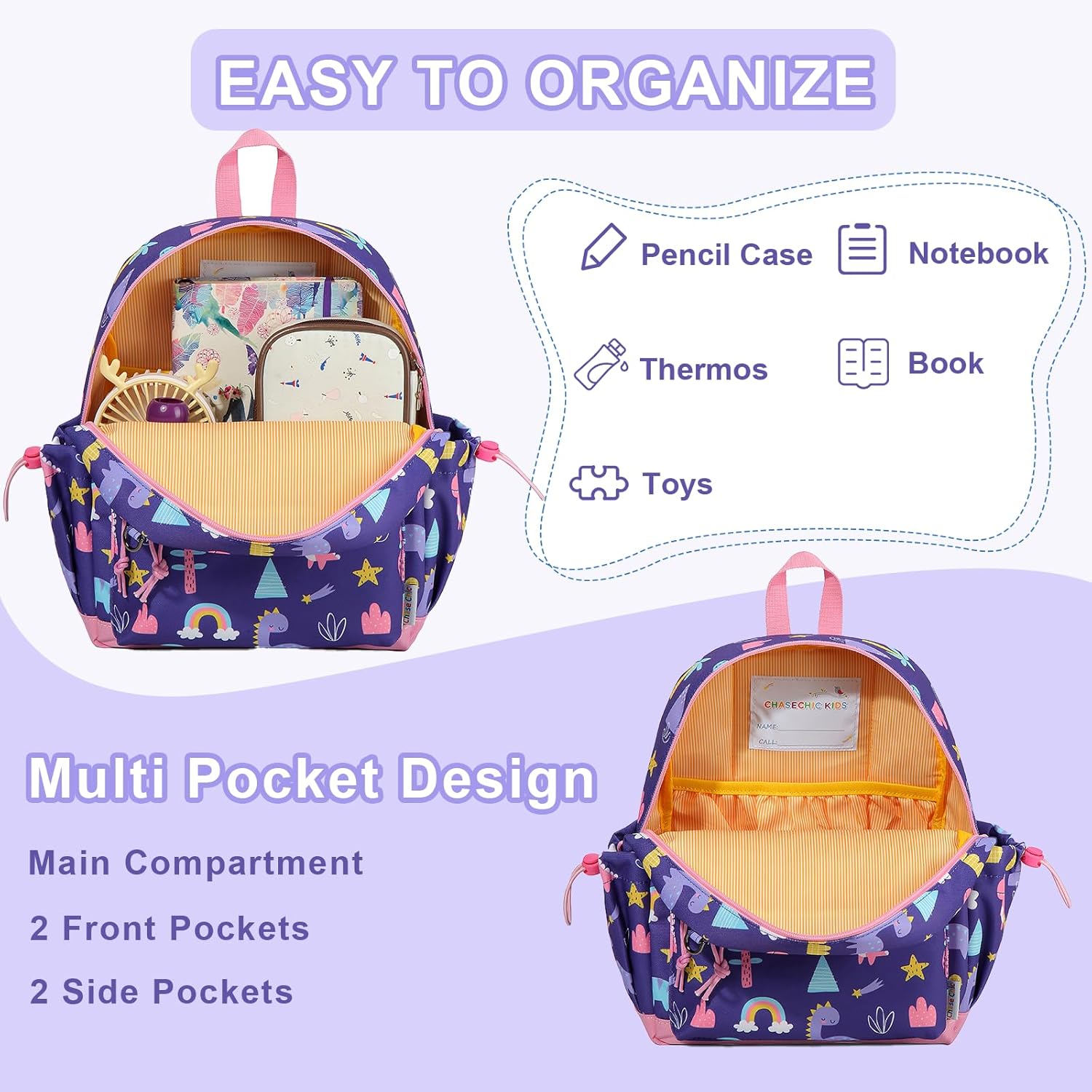 Toddler Backpacks for Girls,Chase Chic 12 Inch Preschool Kindergarten Backpack for Kids 2-5,Mini Cute Toddler Bag with Chest Strap for Daycare Travel（Purple Dinosaur） - Image 4