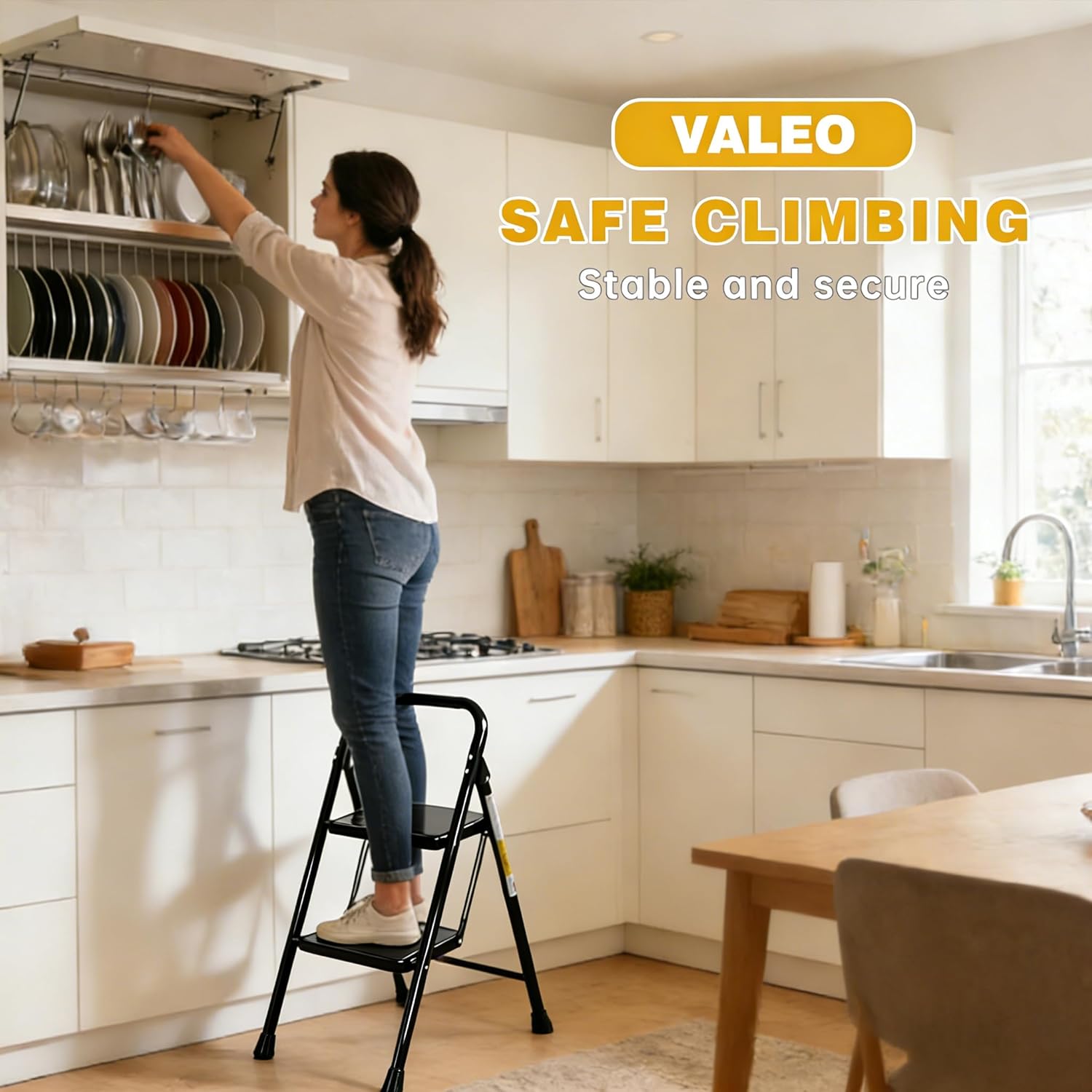 Valeo 2 Step Ladder, Step Stool with Wide Anti-Slip Pedal, 330 lbs Capacity,Step Ladder Folding Step Stool for Adults, Lightweight Steel Portable ladders for Home Kitchen & Office,Black