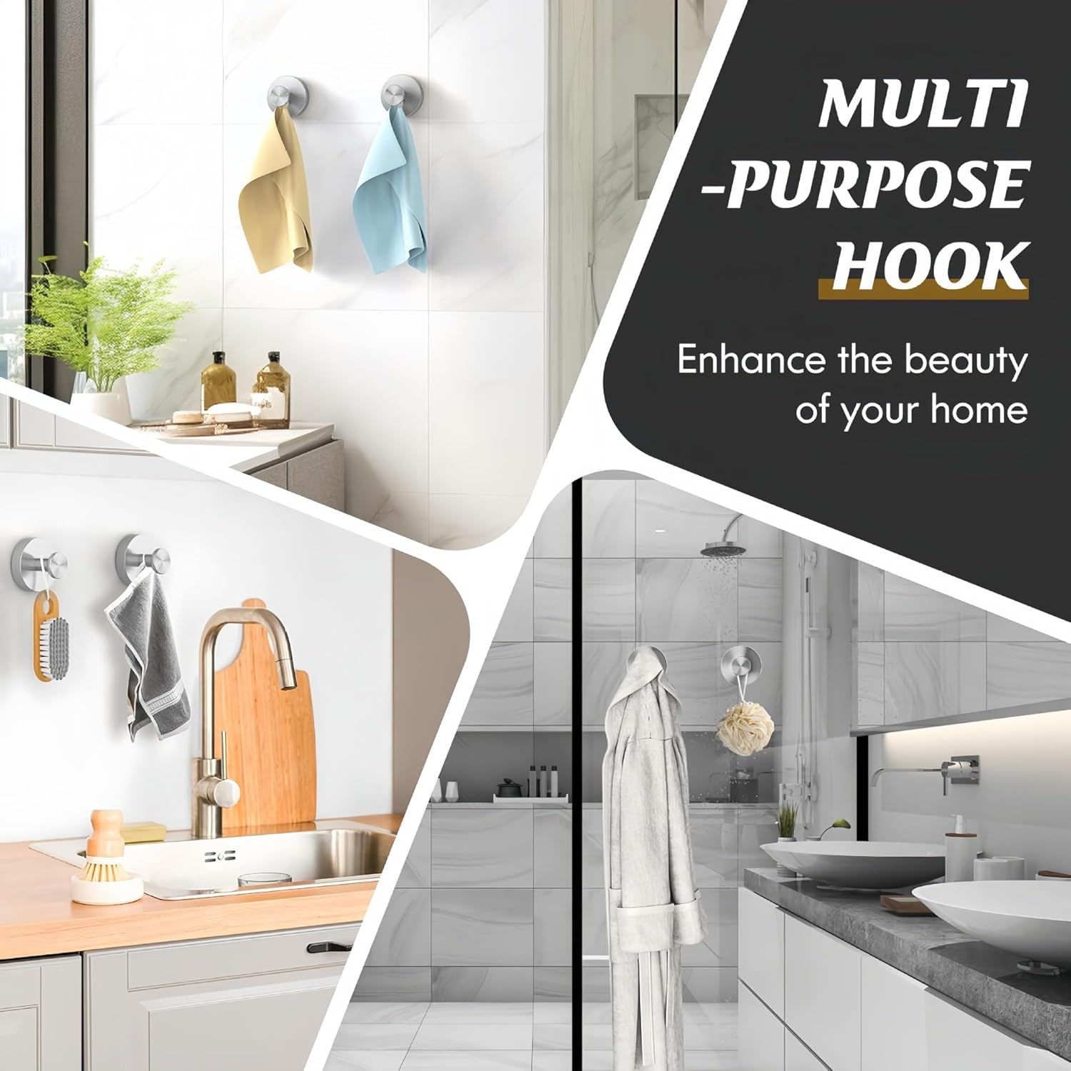 2 Pack Suction Cup Hooks for Shower, Stainless Steel Shower Hooks for Inside Shower, Removable Towel Hooks for Bathrooms, Kitchen, Glass, Tile - Silver