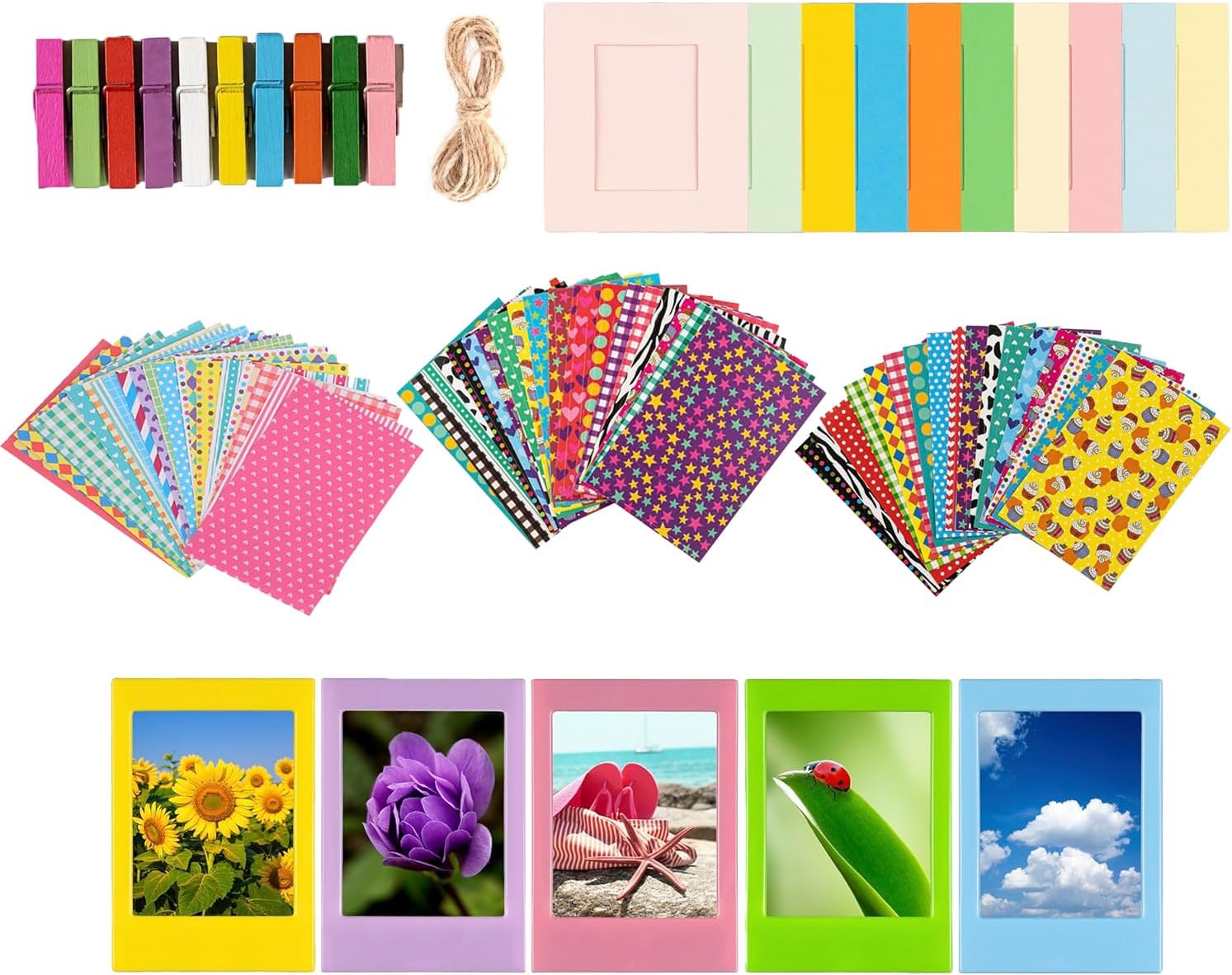Colorful Bundle Kit Accessories for Fujifilm Instax Mini 8/9/11/12 Camera - Assorted Accessory Pack of Sticker Frames, Plastic Desk Frames, Hanging Clips with String
