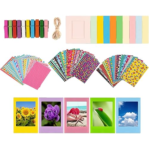 Colorful Bundle Kit Accessories for Fujifilm Instax Mini 8/9/11/12 Camera - Assorted Accessory Pack of Sticker Frames, Plastic Desk Frames, Hanging Clips with String