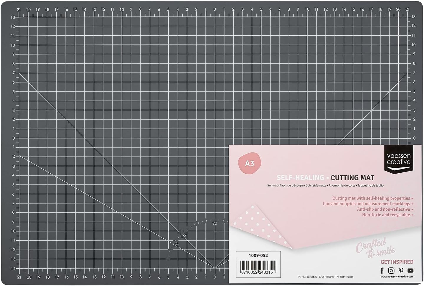 Vaessen Creative Self-Healing Cutting Mat A3 - Double-Sided Craft Mat with Grid, Markings for Card Formats and Angles - Scrapbooking, Journaling & Papercrafts