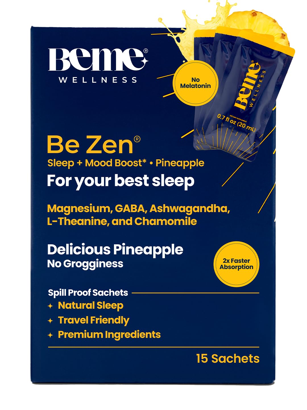 BeMe Magnesium Drink for Sleep - Melatonin-Free Magnesium for Sleep with Ashwagandha, L-Theanine & GABA - Fast-Absorbing Calm Pineapple - 15 Sachets