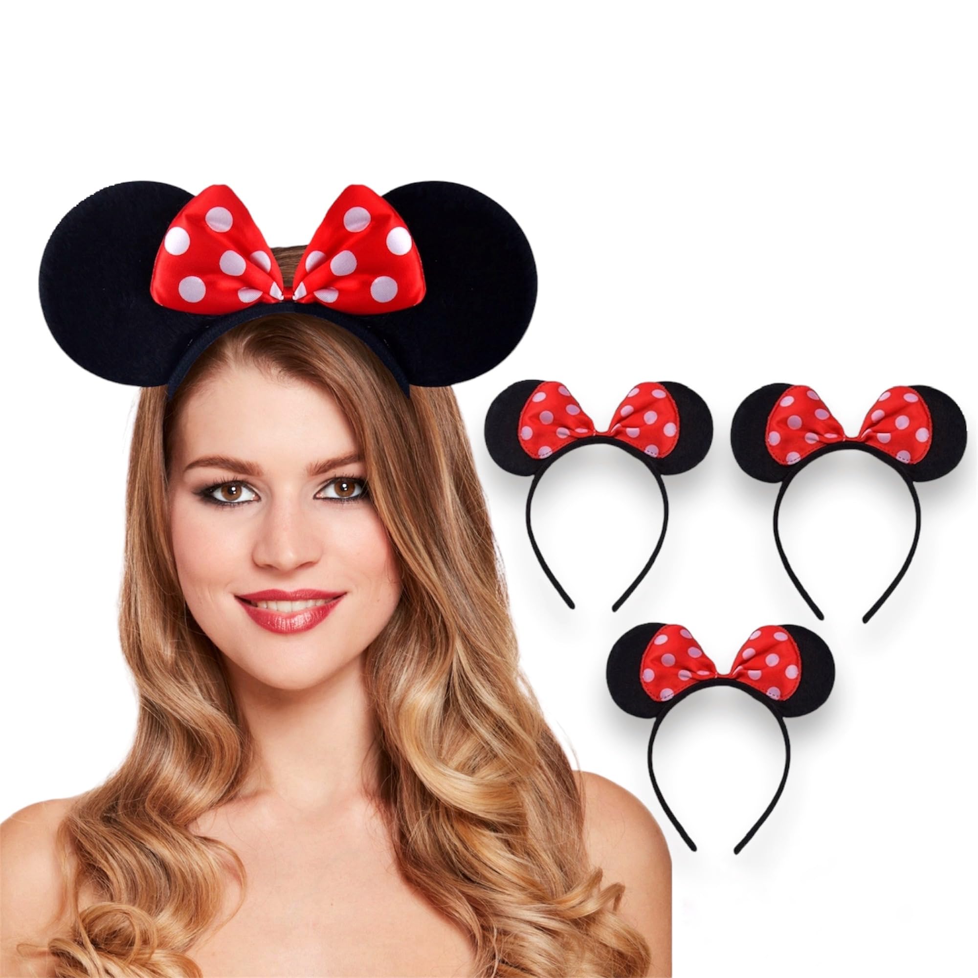 Diadema Minnie 3 Pcs | Diadema de Niña Diadema Adulto | Lunares rojos con Lazo | Diadema para Disfraz de Orejas de Ratón Fiesta Cumpleaños Accesorio