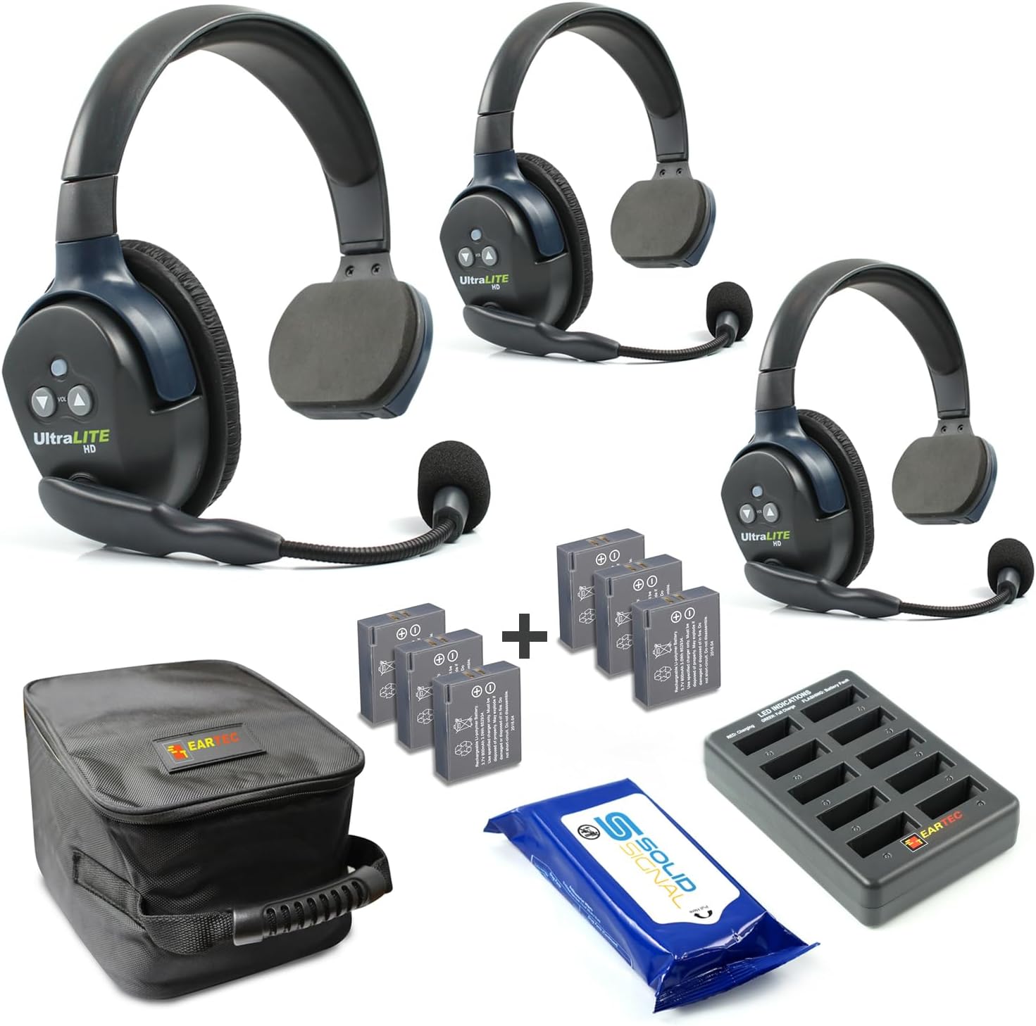 Eartec UL4S Ultralite Full Duplex Wireless Headset Communication for 4 Users - 4 Single Ear Headsets with Four (4) Additional Batteries and SolidSignal Cleaning Wipes Bundle