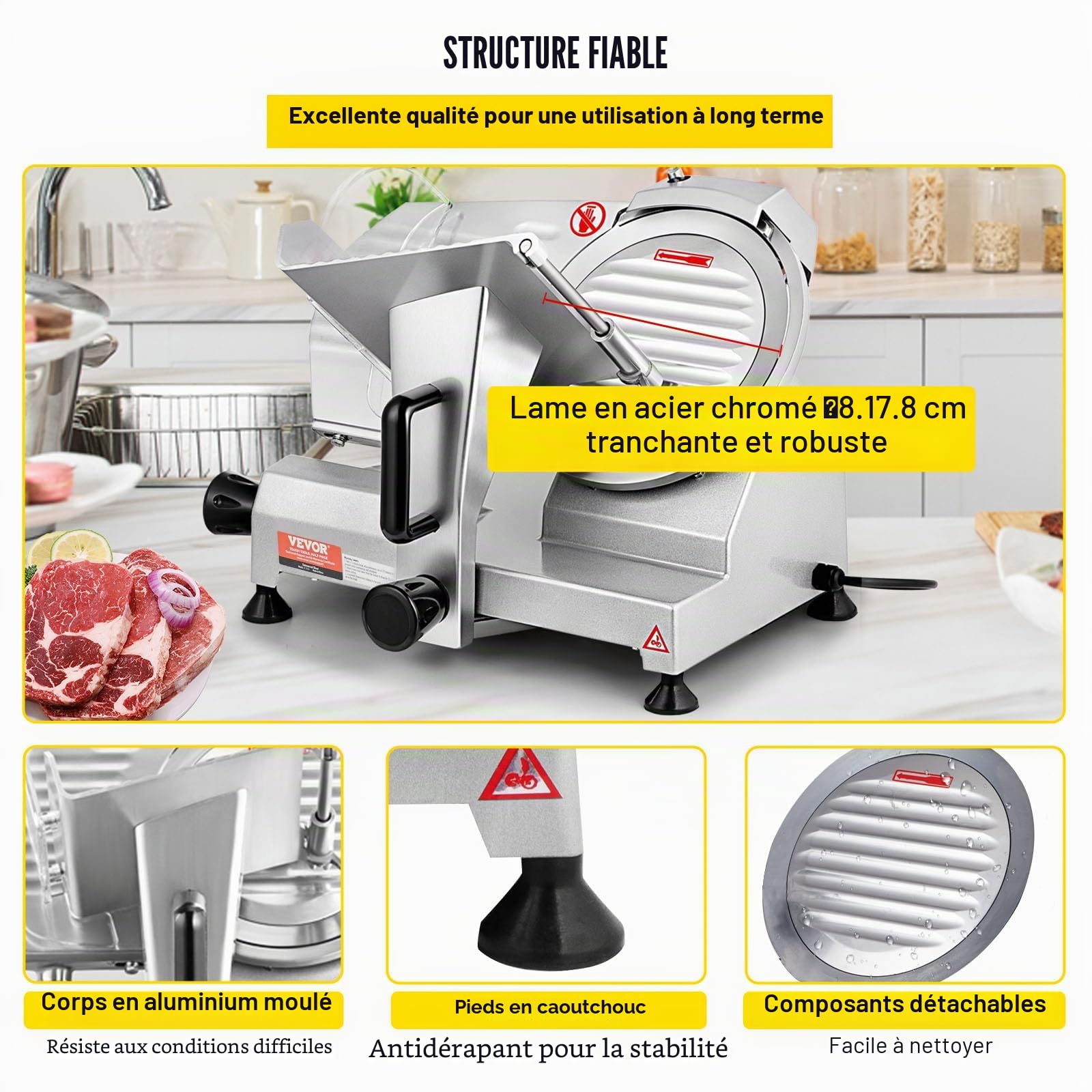 VEVOR Trancheuse Électrique 1200 tr/min Trancheuse à Jambon 48 x 43 x 35 cm Trancheuse à Viande 0-12 mm Bouton de Réglage d'Épaisseur Domestique et Commercial Parfait pour Trancher Divers Aliments