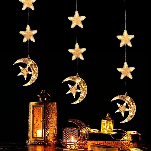 Miniatura 1 de Rossesay 3 piezas de luces de Ramadán Eid, decoración de estrella y ventana, silueta de luna, luces LED para interiores, decoración colgante de