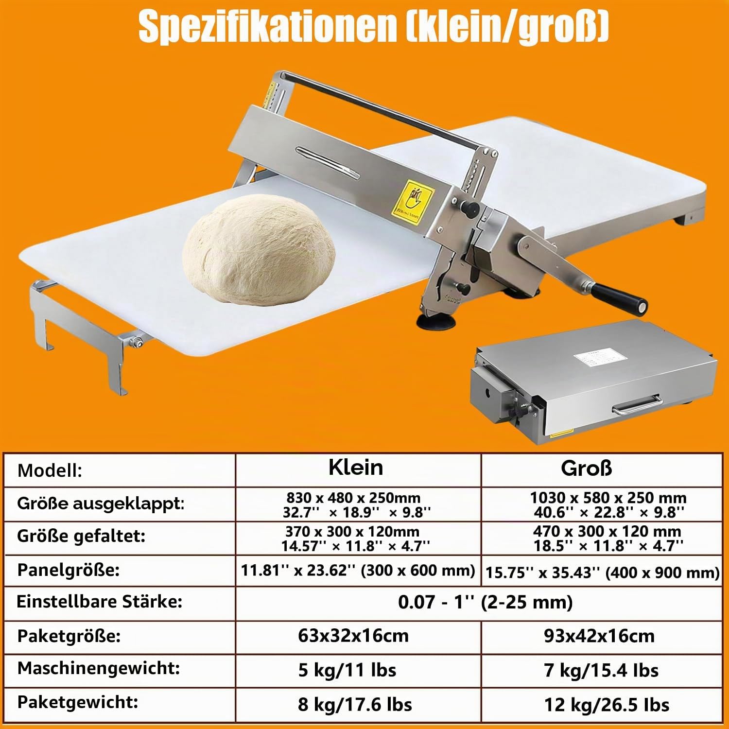 Manuelle Teigausrollmaschine aus Edelstahl 2–25 mm | Perfekt für Pizza Pasta Croissant&Blätterteig | Faltbare Tischausrollmaschine für Heimgebrauch&Bäckerei | Präzises Teig ausrollen ohne Strom Large