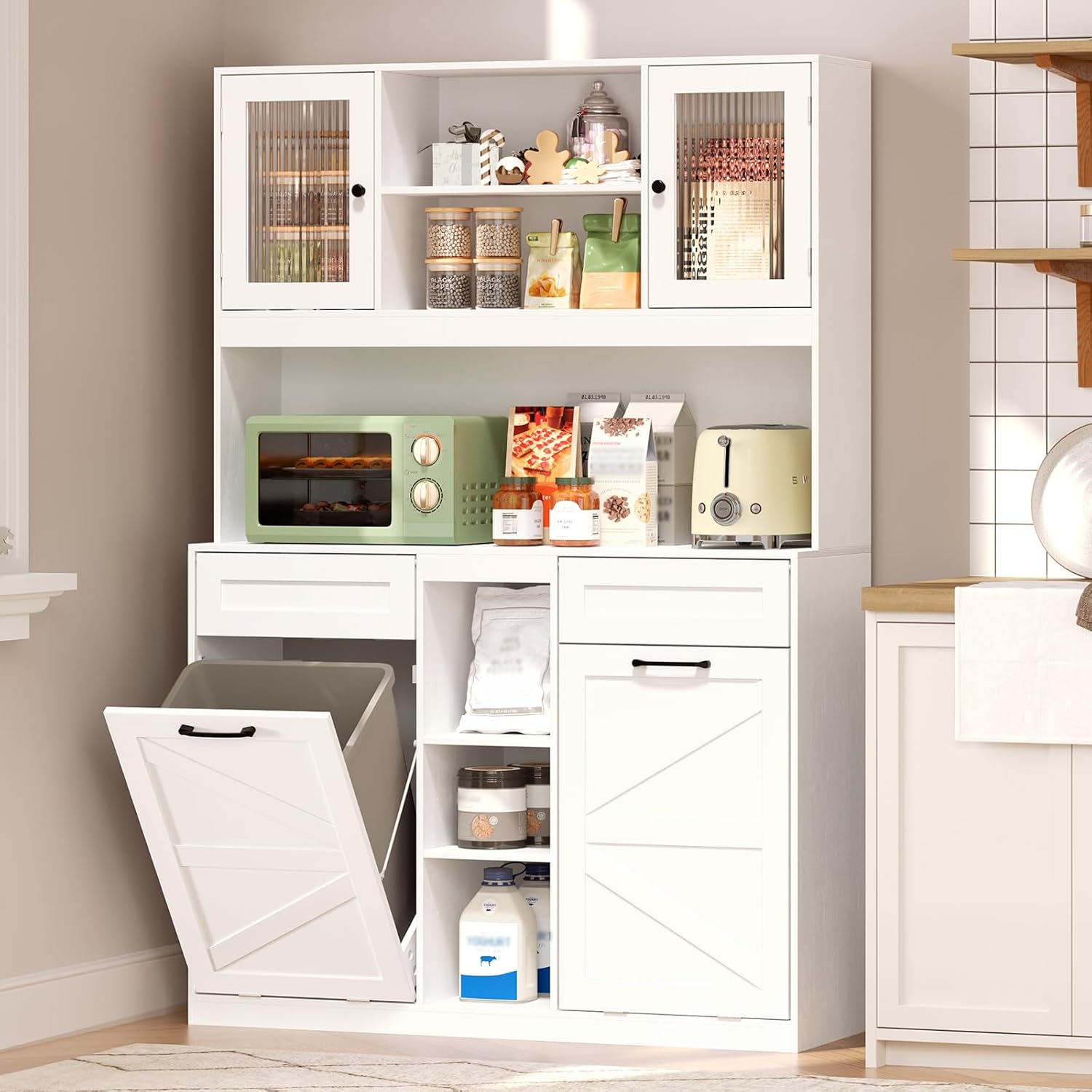 Tall Tilt-Out Double Laundry Hamper Cabinet with 2x11-Gallon Hidden Laundry Basket, Tilt Out Trash Bin Cabinet with Fluted Glass Doors, Farmhouse Wooden Bathroom Storage with Push Doors, White