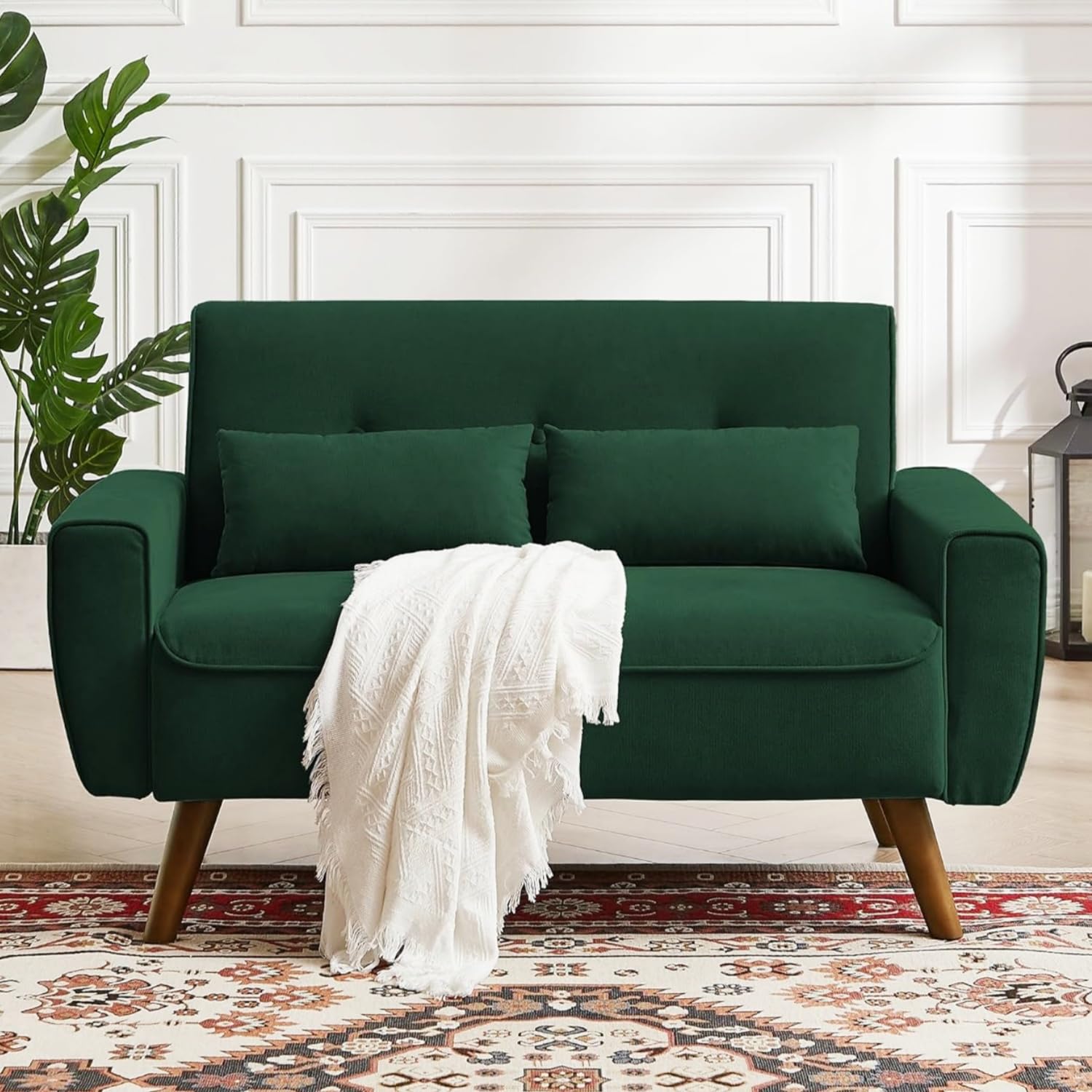 Pingliang Home Loveseat Sofa Couch with Two Throw Pillows, Mid Century Modern 2 Seat Love Seat Couches for Living Room, Linen Fabric, 48" (Green)