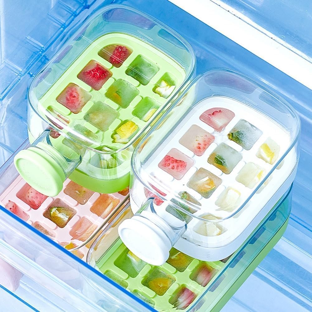 Ice Cube Bottle, Eiswürfel Flasche, Touch-Free Water Bottle Ice Cube Tray With Straw and Bin for Coffee Juice And Beverages (2 stk Grün, 500ml)