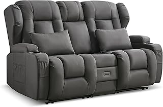 2er Relaxsessel mit Liegefunktion, Schlaffunktion, Manuell Verstellbarer Fernsehsessel, Heimkino Sofa 2 Sitzer Kinosessel mit Konsole, Getränkehalter, Schublade, Buchse, Stoffbezug (Grau)