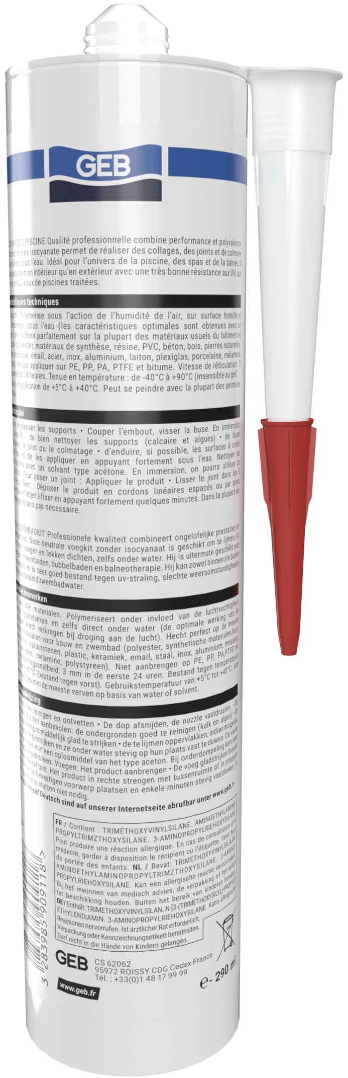 GEB - Masilla impermeable especial para piscina (290 ml, transparente para pegar, juntar y reparar elementos de piscina, azulejos, mosaico, margelle, proyector, desagüe