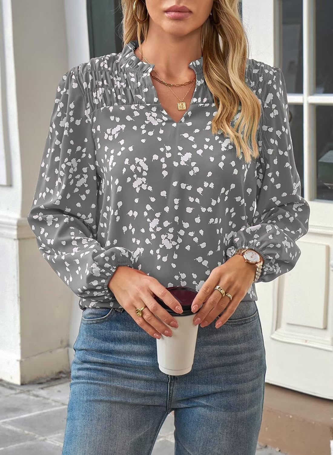 Women's Dressy Casual V Neck Smocked Long Sleeve Floral Print Chiffon Blouses Bohemian Business Tops - Image 5