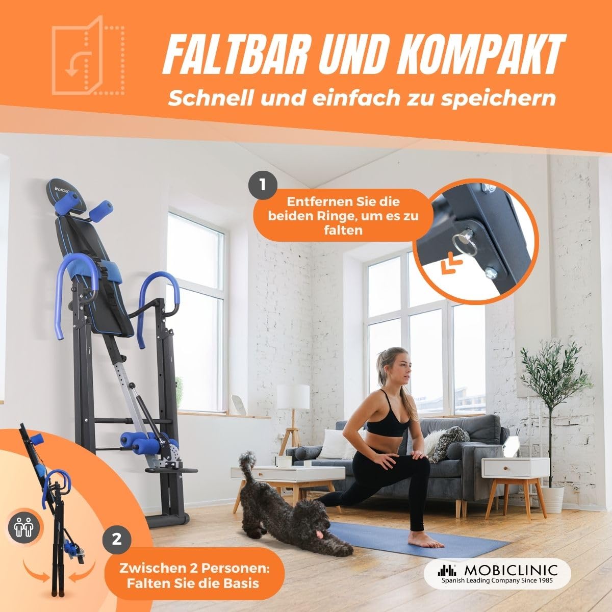 Mobiclinic® fitness, Inversionstisch, Klappbar, Neigung 180°, Bis 120 kg, Verstellbar, Lendenkissen und kopfstütze, Vier sicherheitssysteme, Stretching crunches, Stahl