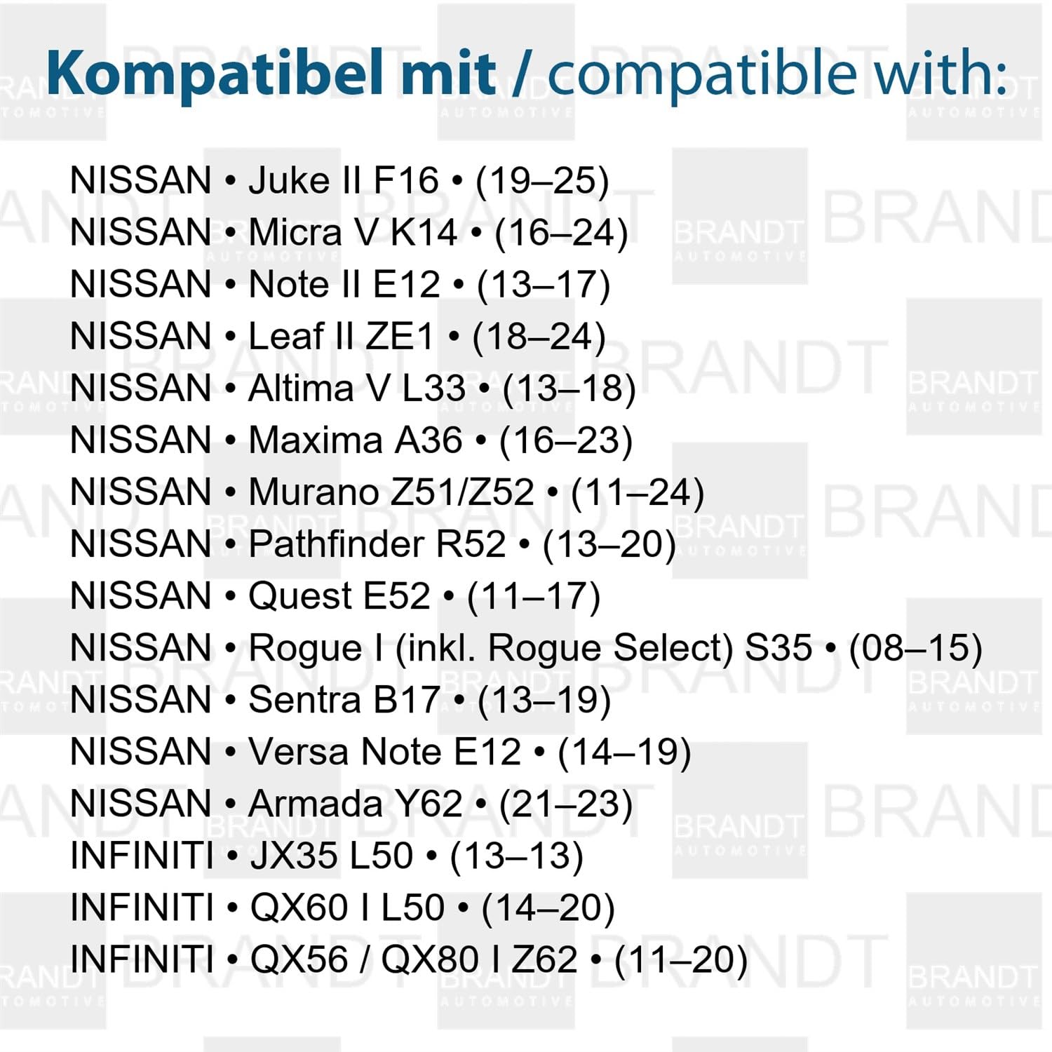 BRANDT Luci targa LED compatibili con Nissan Juke II F16 19-25 Leaf II ZE1 18-24 Micra V K14 16-24 Murano II III Z51 Z52 11-24 Note II E12 13-17 Pathfinder IV R52 13-20 Quest E52 1. 1-17